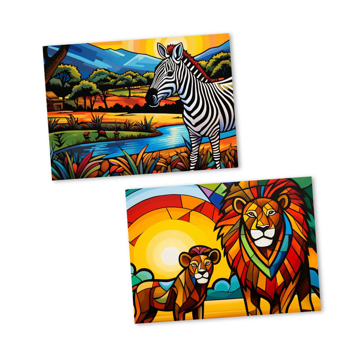 Farbenfrohes Afrika Postkarten A6 Set (10 Cards) Löwen Elefanten Nilpferd Landschaft Wildnis Steppe Wüste I Kunstvolle Afrika Kunst Karten