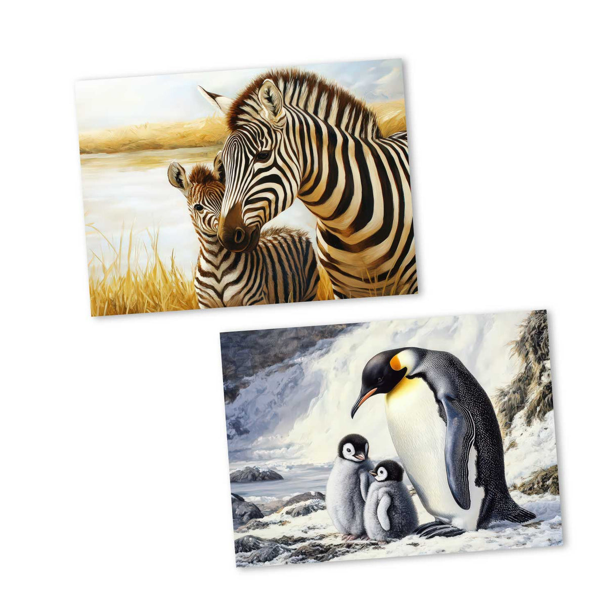 Tiere Safari mit Tierbaby Postkarten A6 Set (12 Cards) I Grußkarten und Geburtstagskarten I Pinguin Löwe Tiger Panda Pferd Affe Kuh Katze
