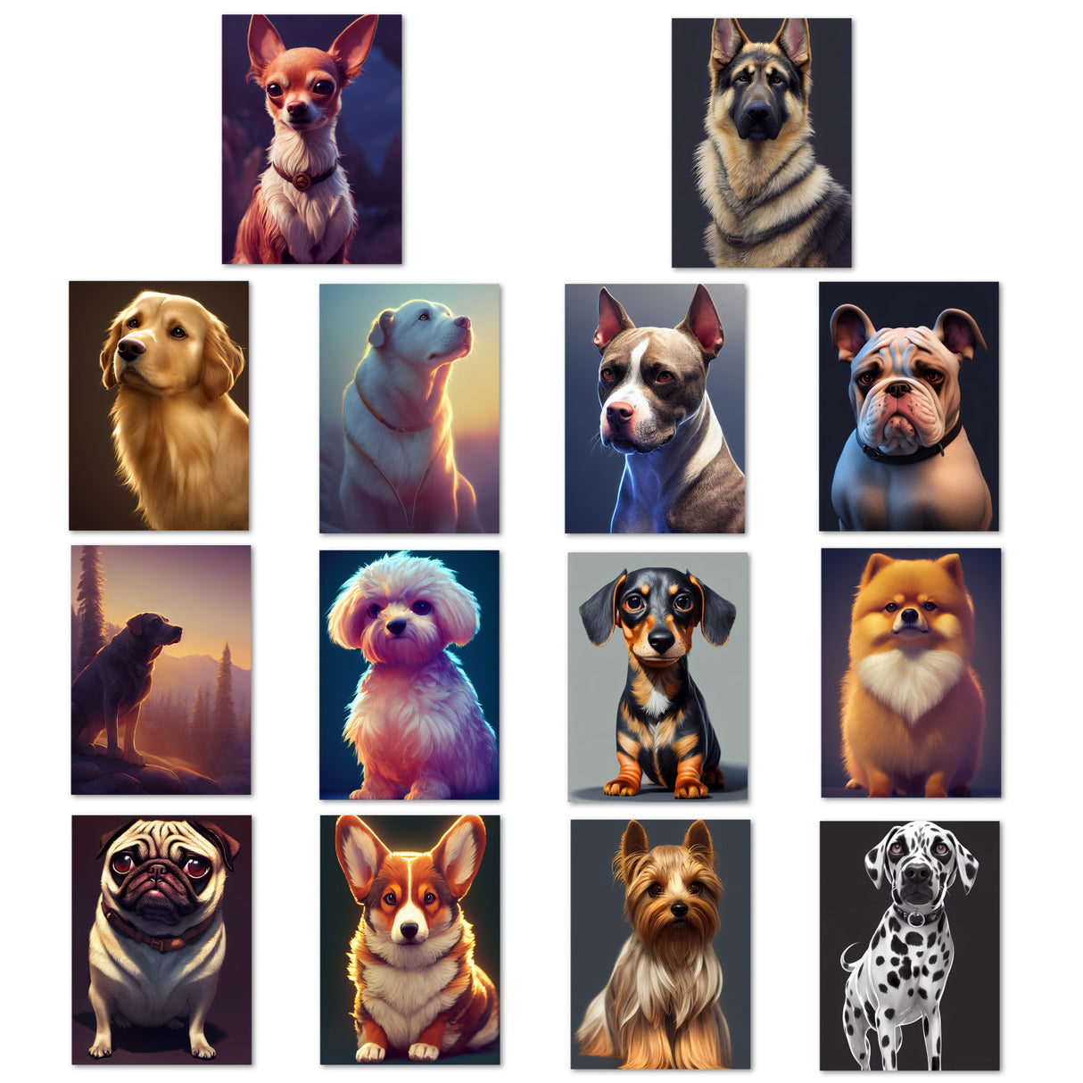 Postkarten A6 Set (14 Cards) Süße Hunderassen Portraits I digital Painting I Französische Bulldogge Labrador Chihuahua Jack Russell Terrier