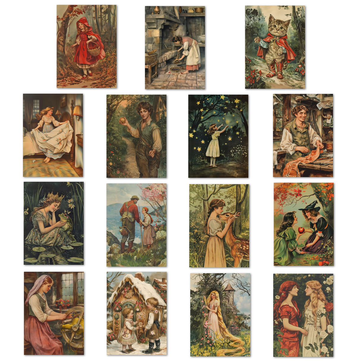 Traditionelle Märchenkarten Set (15 Karten) | Vintage Postkarten mit Märchen Motiven der Brüder Grimm - Illustration Vintage