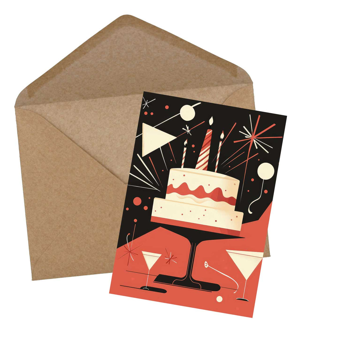 Retro Geburtstagskarten Set – 12 moderne Designs mit Torten Party-Design – Klappkarten oder Postkarten im Mid-Century Look