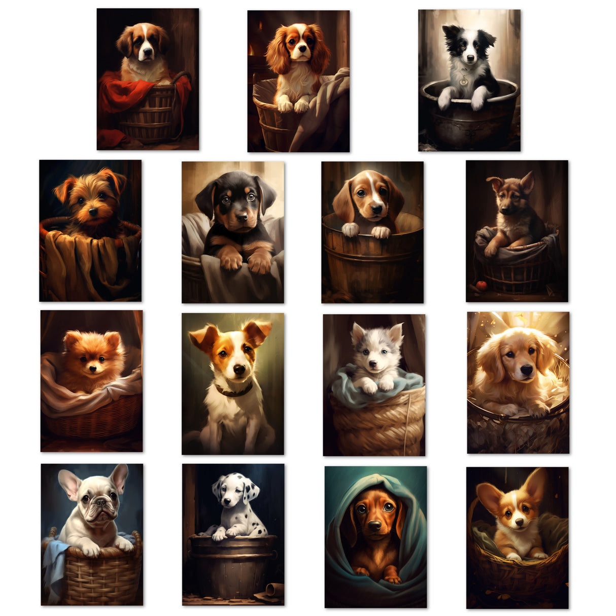Hundewelpen Grußkarten Set (15 Karten) | Süße kunstvolle Karten mit Welpen verschiedener Rassen | Digital Painting - Oil - Einzel Set