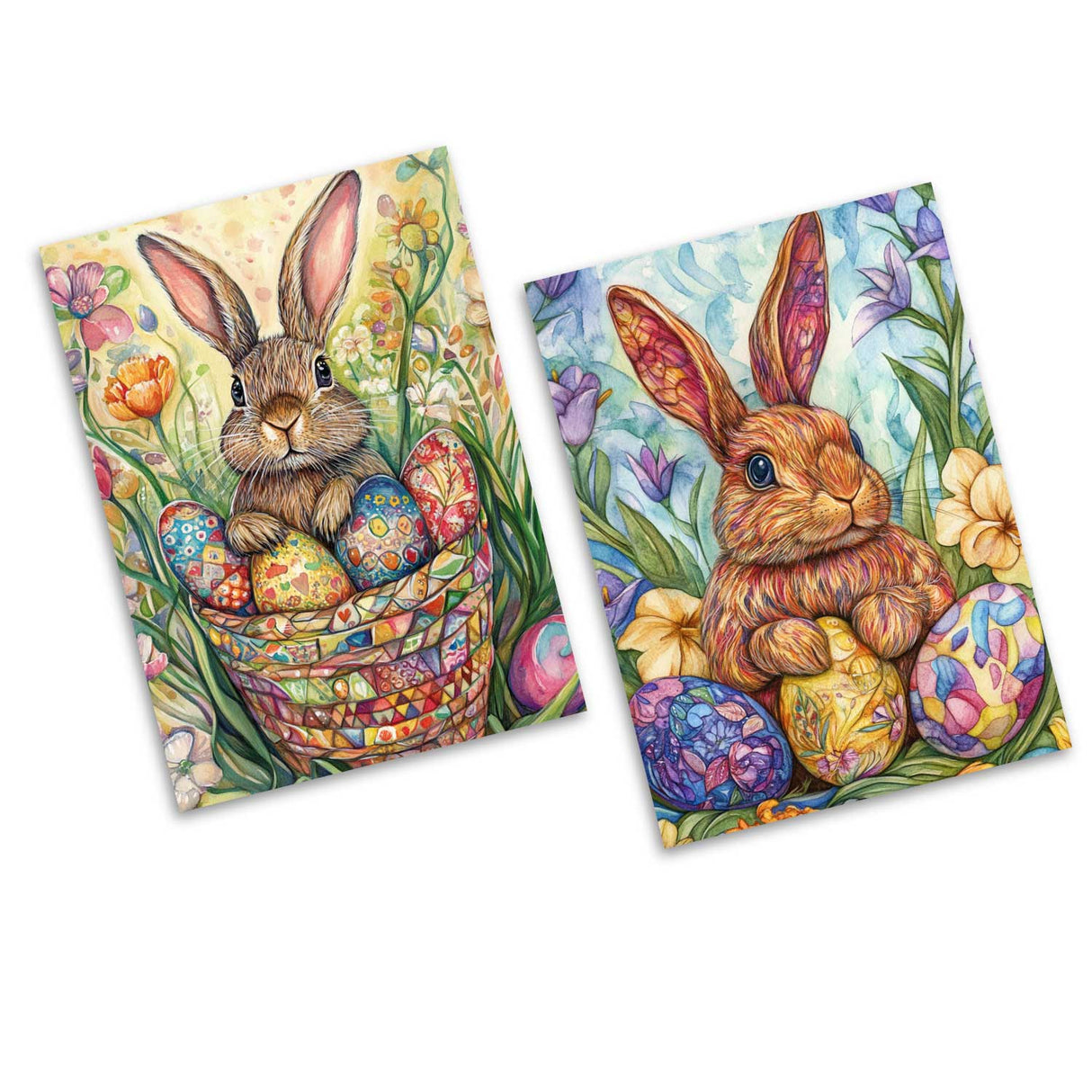 Oster Grußkarten Set (12 Karten) | Osterhasen und Blumen im Aquarell Look | Geschenk | Wanddekoration | Postkarten, Klappkarten Ostermotive