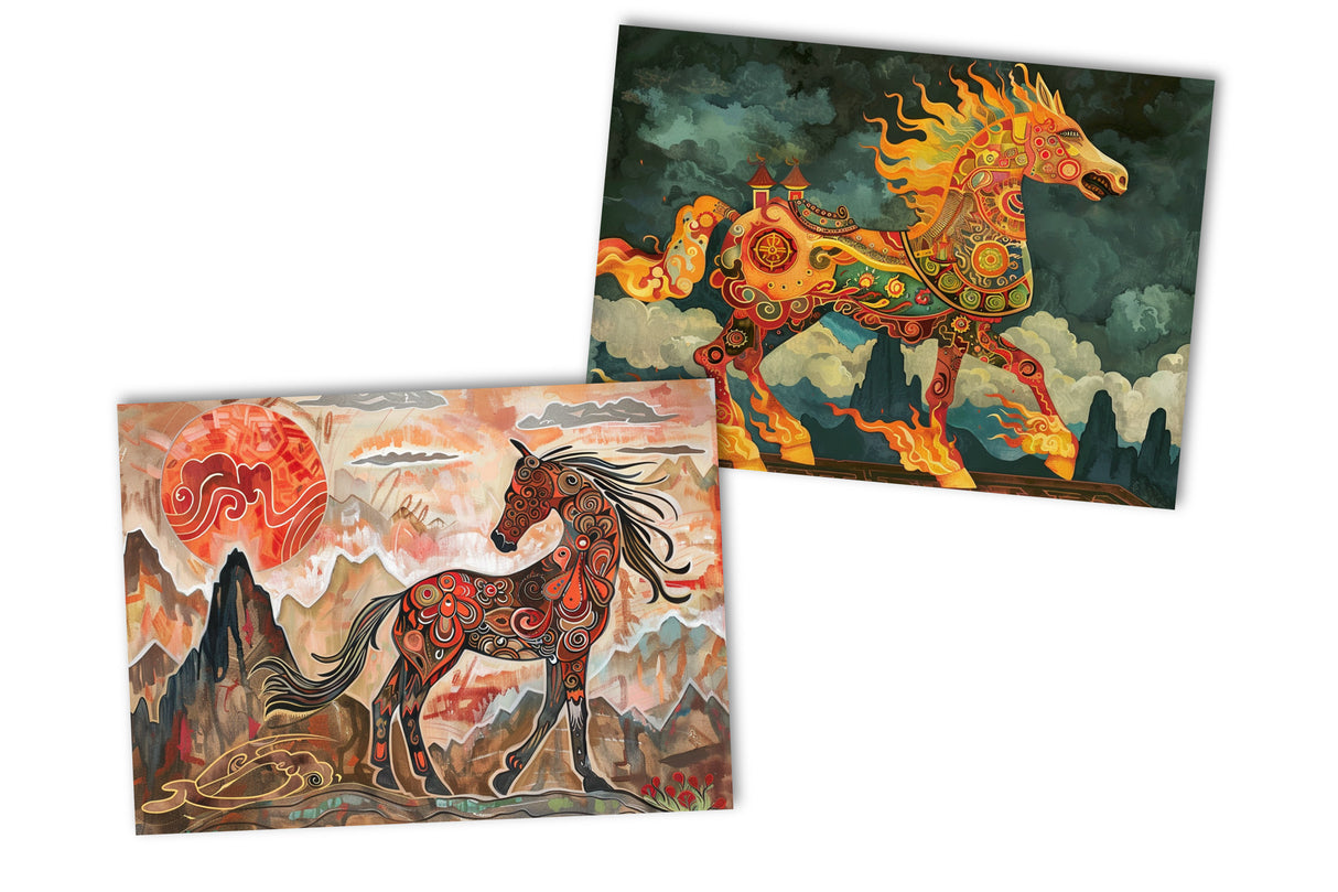 Jahr des Pferdes 2026 Postkarten A6 Set (10 Cards) Pferd des Feuers Jahr chinesische Sternzeichen asiatische Kultur I Kunstvolle Karten