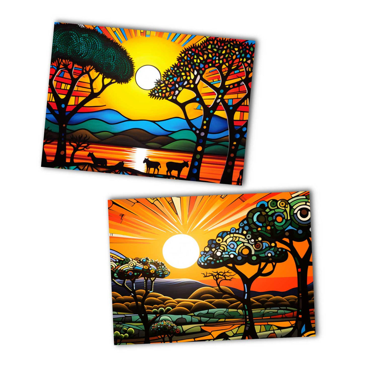 Farbenfrohes Afrika Postkarten A6 Set (10 Cards) Löwen Elefanten Nilpferd Landschaft Wildnis Steppe Wüste I Kunstvolle Afrika Kunst Karten