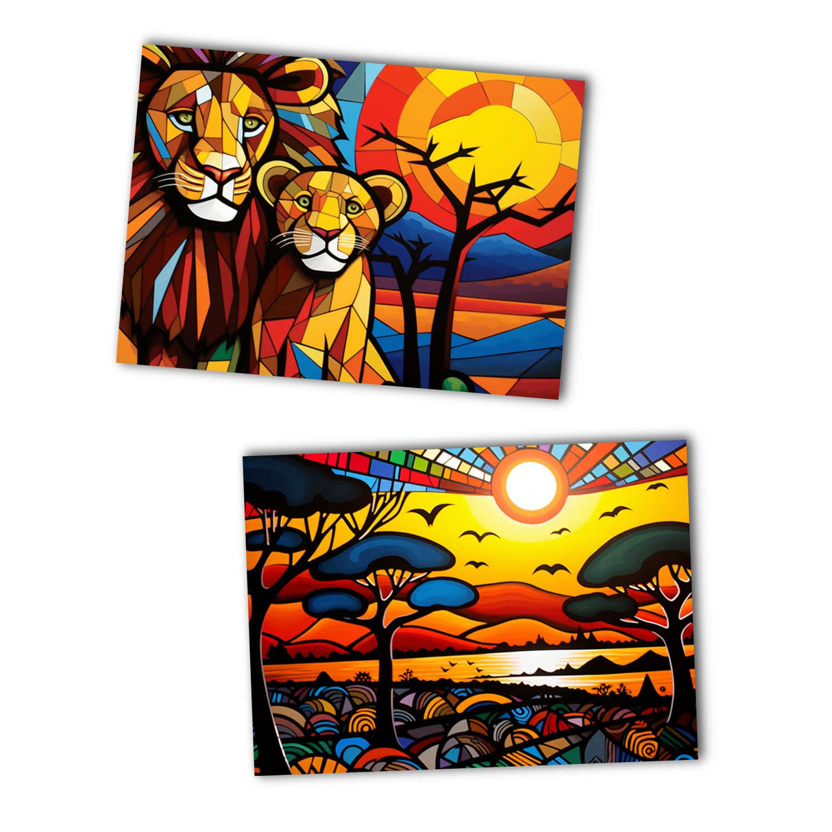 Farbenfrohes Afrika Postkarten A6 Set (10 Cards) Löwen Elefanten Nilpferd Landschaft Wildnis Steppe Wüste I Kunstvolle Afrika Kunst Karten