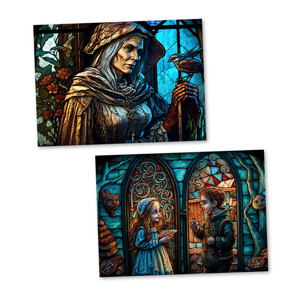 Hänsel und Gretel Karten Set A6 (15 Cards) Illustrierte Märchen Stained Glass I von den Gebrüdern Grimm im Original als kunstvolles Set