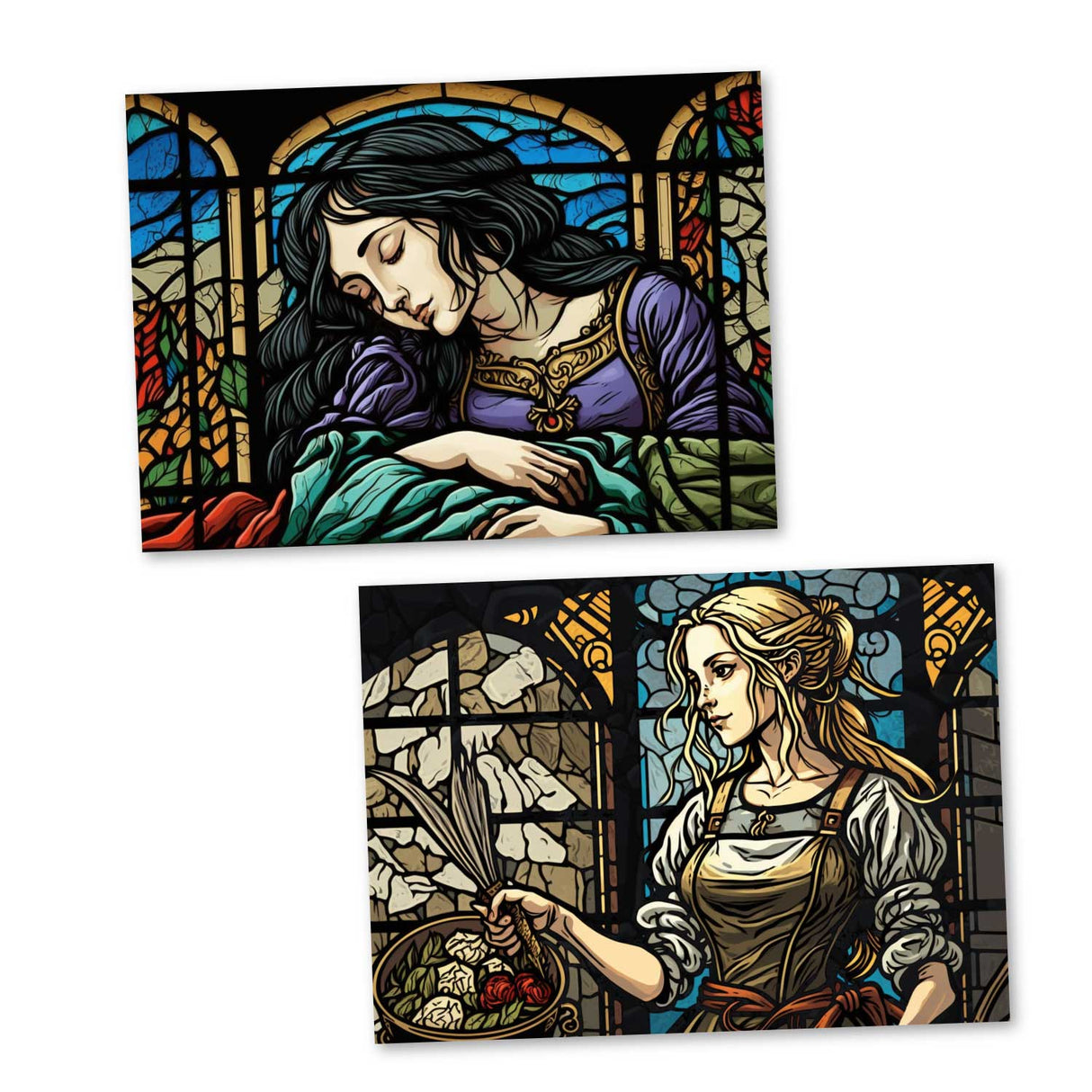 Frau Holle Karten Set A6 (15 Cards) Illustrierte Märchen Stained Glass I von den Gebrüdern Grimm im Original als kunstvolles Set