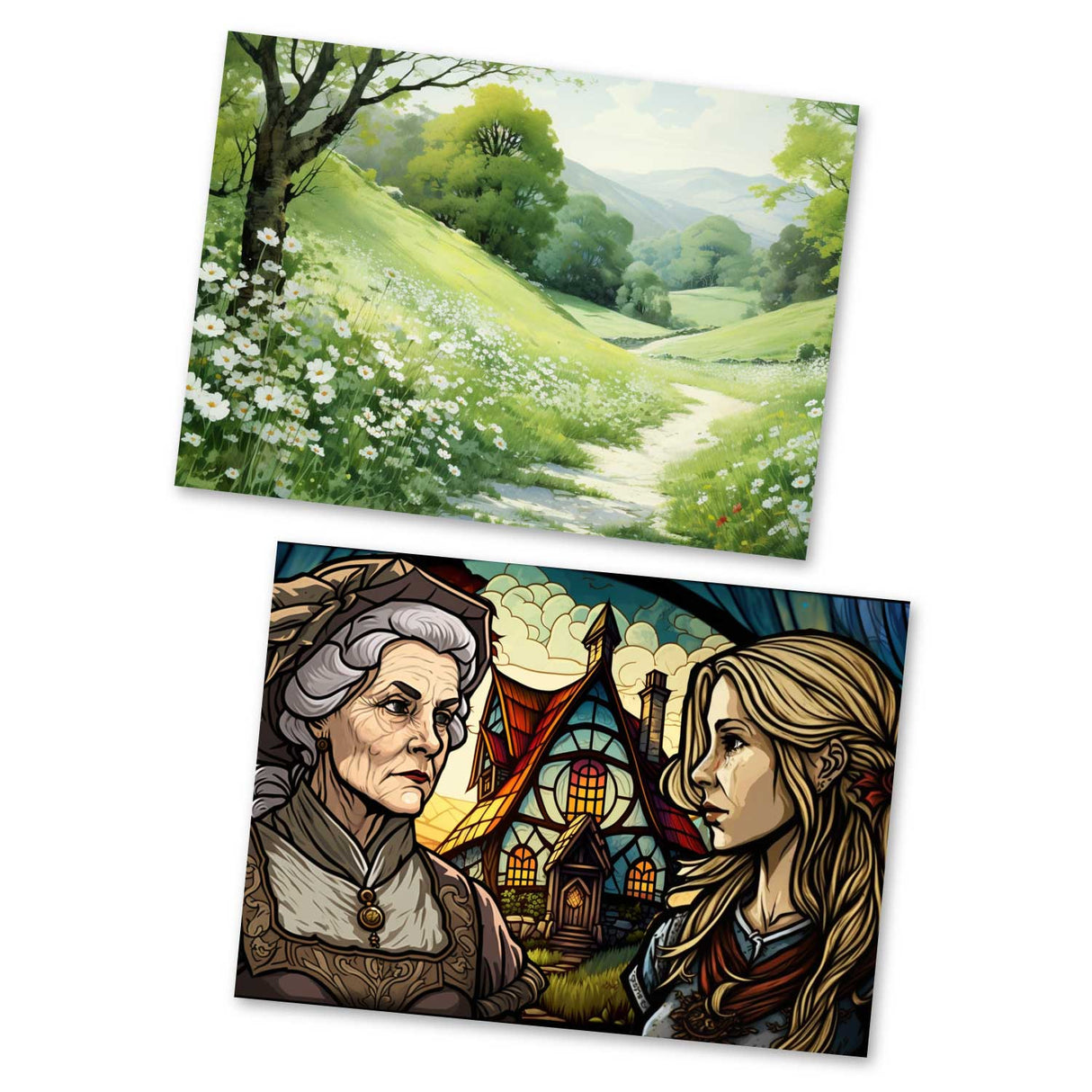 Frau Holle Karten Set A6 (15 Cards) Illustrierte Märchen Stained Glass I von den Gebrüdern Grimm im Original als kunstvolles Set