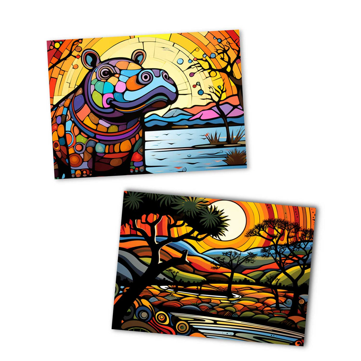 Farbenfrohes Afrika Postkarten A6 Set (10 Cards) Löwen Elefanten Nilpferd Landschaft Wildnis Steppe Wüste I Kunstvolle Afrika Kunst Karten