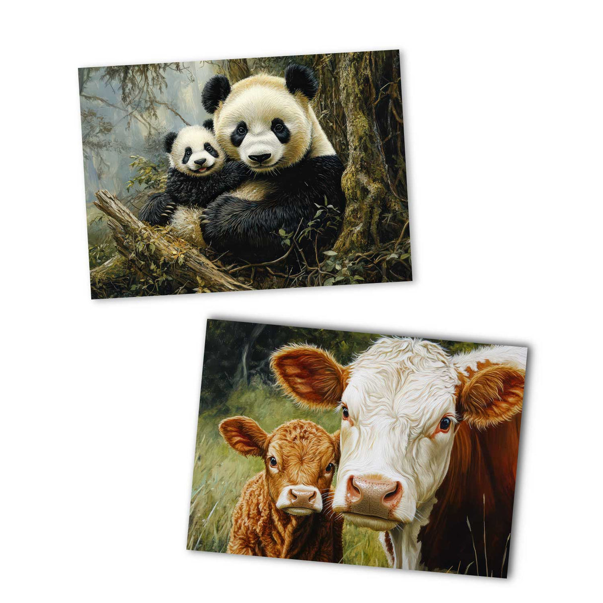 Tiere Safari mit Tierbaby Postkarten A6 Set (12 Cards) I Grußkarten und Geburtstagskarten I Pinguin Löwe Tiger Panda Pferd Affe Kuh Katze
