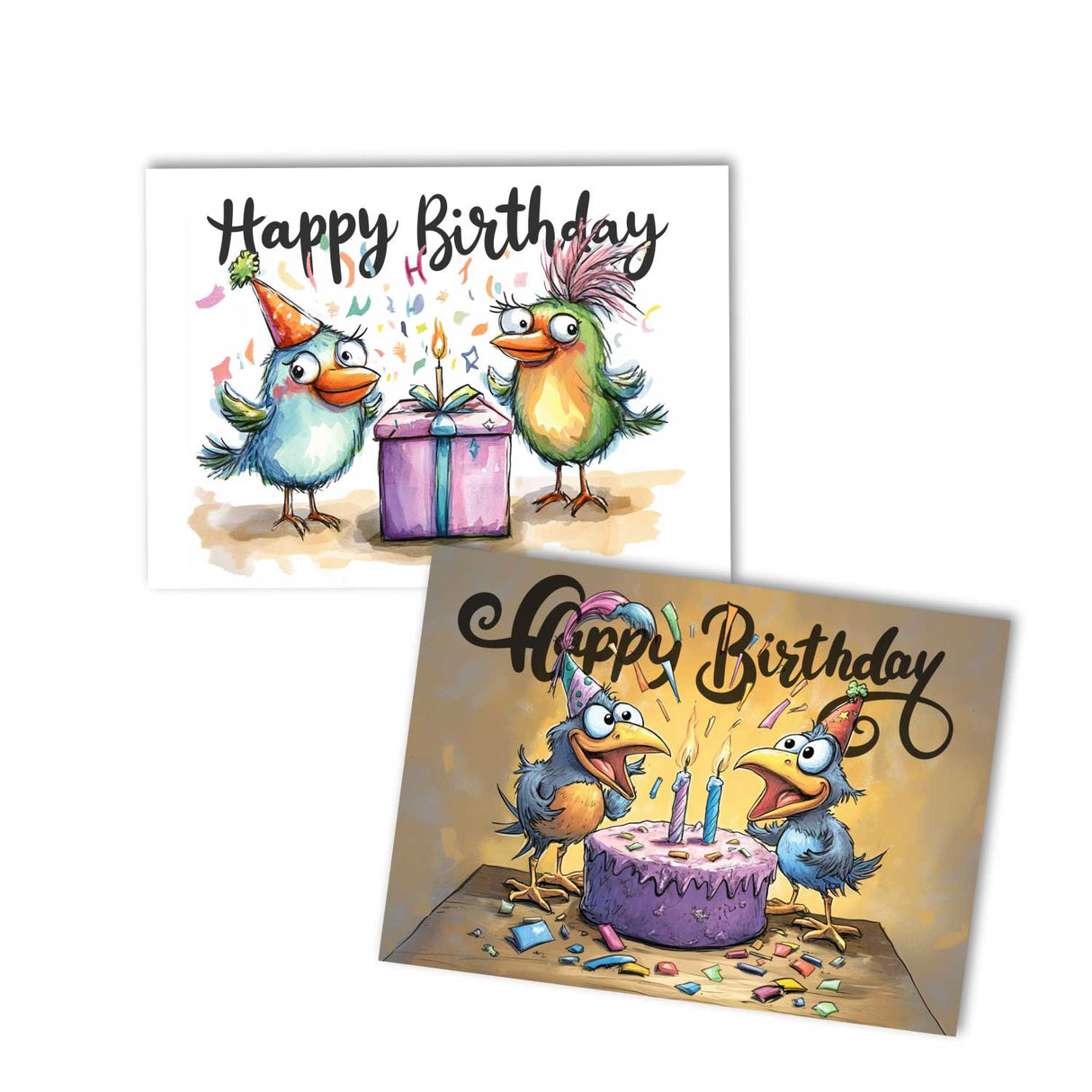 Lustige Geburtstags Grußkarten Set (10 Karten) | Humorvolle Vogel Karten zum Geburtstag | Grußbotschaft im lustig Comic Style