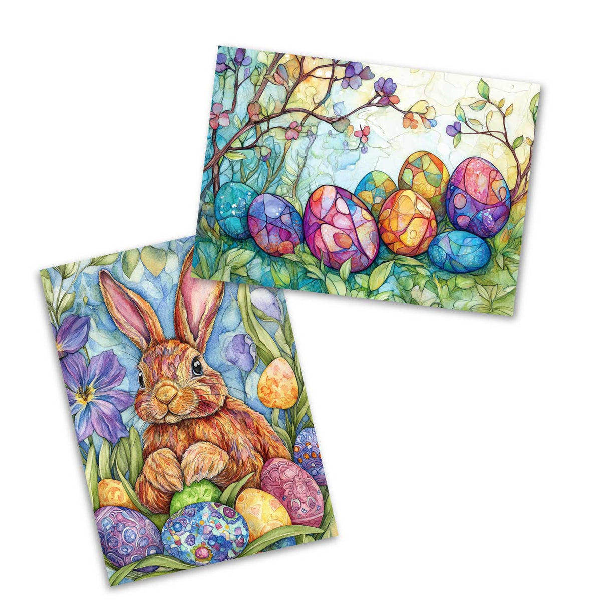 Oster Grußkarten Set (12 Karten) | Osterhasen und Blumen im Aquarell Look | Geschenk | Wanddekoration | Postkarten, Klappkarten Ostermotive