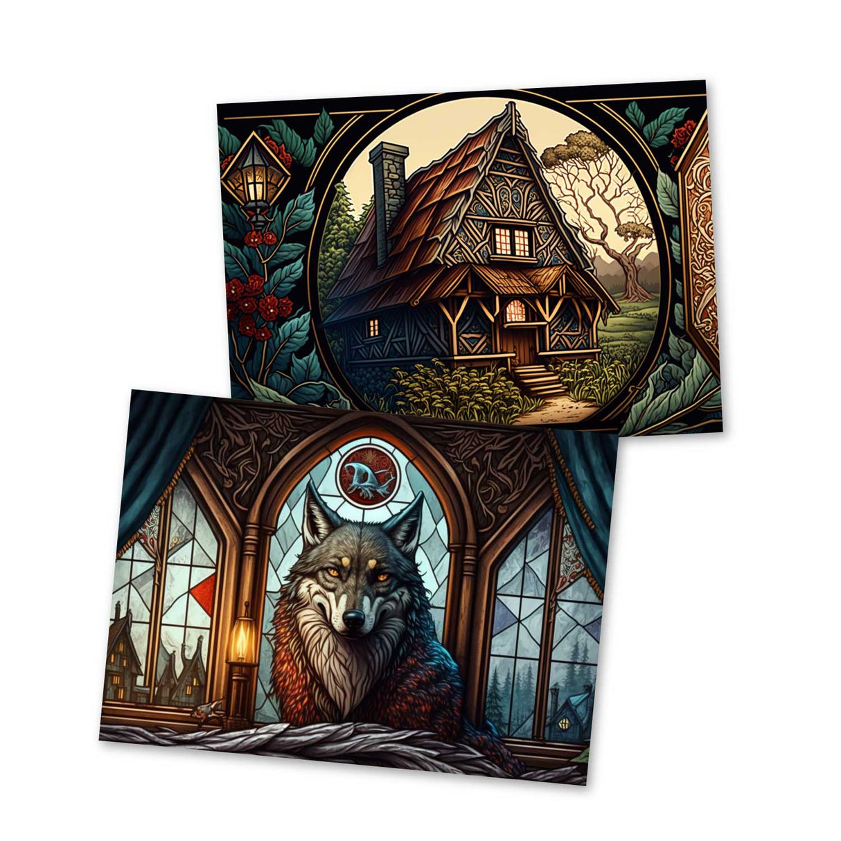 Rotkäppchen (15 Cards) Illustrierte Märchen Stained Glass I von den Gebrüdern Grimm im Original als kunstvolles Set