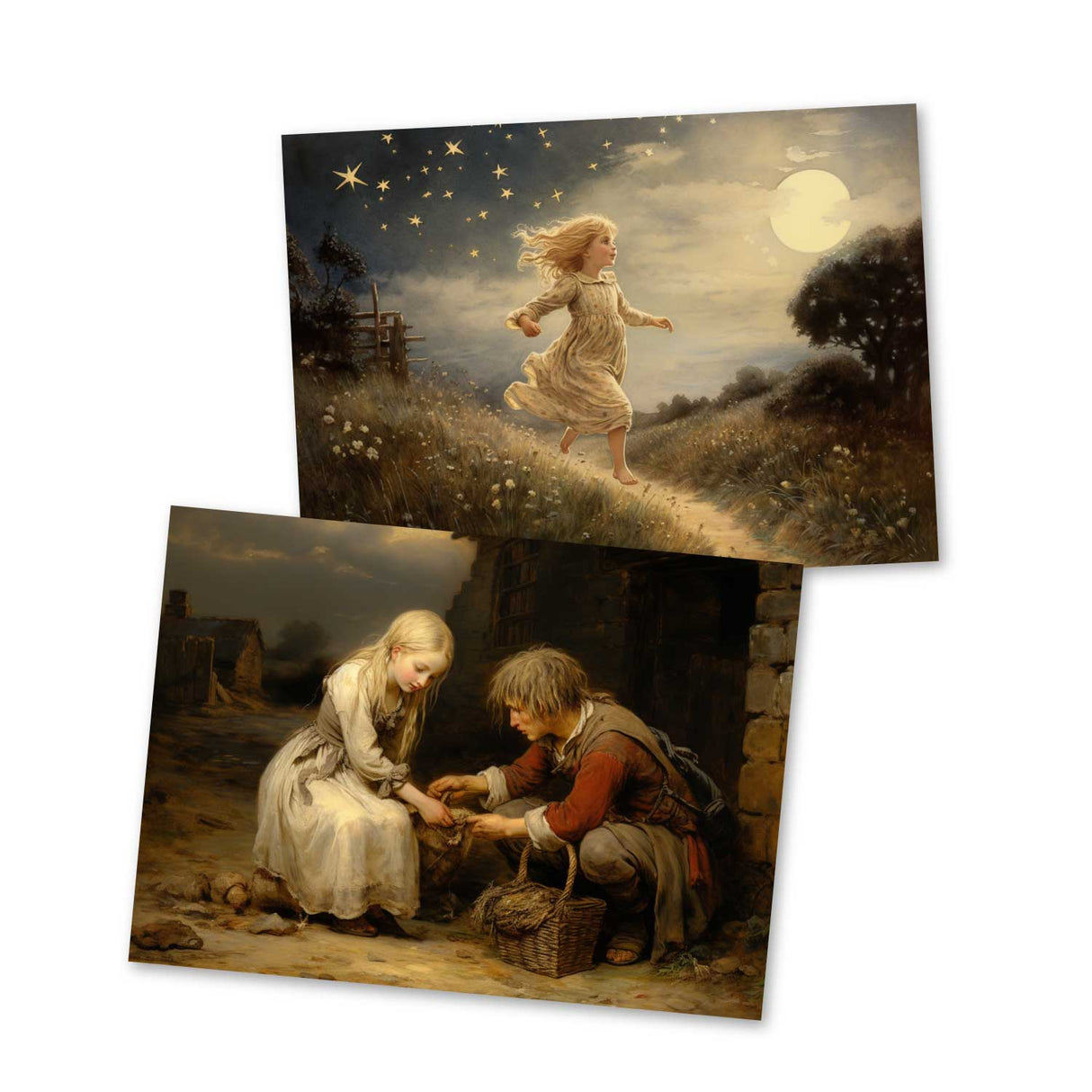 Sterntaler Karten Set A6 (15 Cards) Illustrierte Märchen im Biedermeier Stil I von den Brüdern Gimm im Original als kunstvolles Set