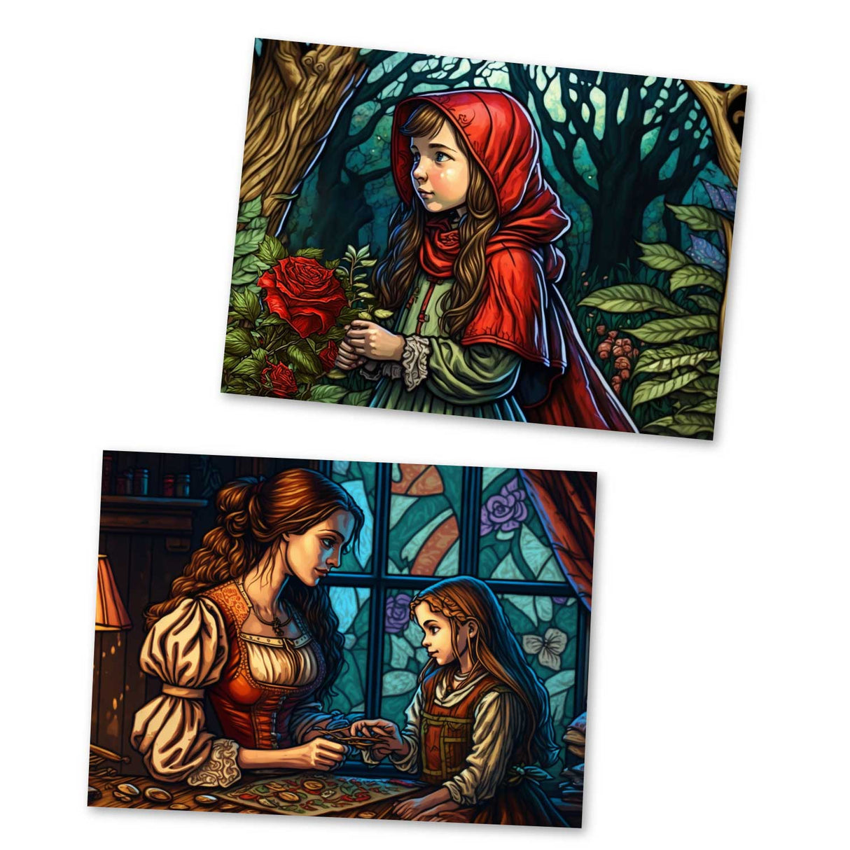Rotkäppchen (15 Cards) Illustrierte Märchen Stained Glass I von den Gebrüdern Grimm im Original als kunstvolles Set