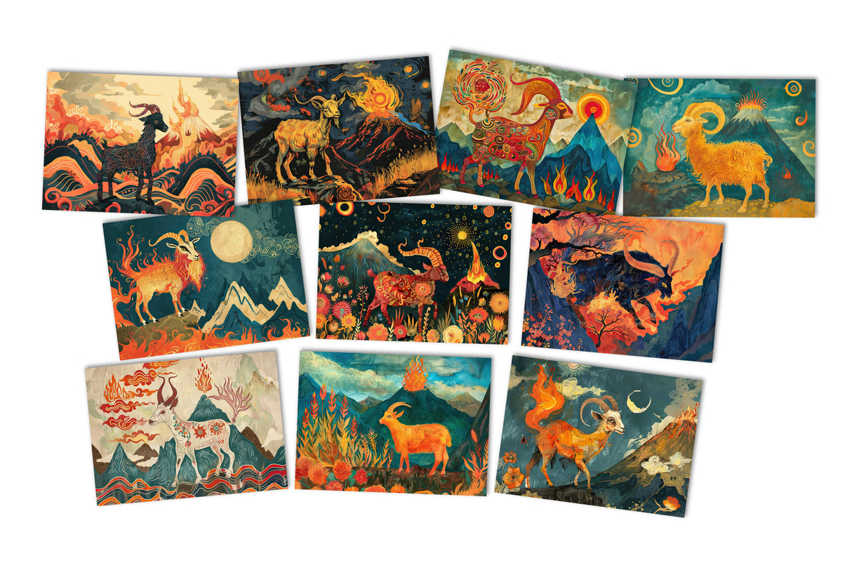Jahr der Ziege 2027 Postkarten A6 Set (10 Cards) Ziege des Feuers Jahr chinesische Sternzeichen asiatische Kultur I Kunstvolle Karten