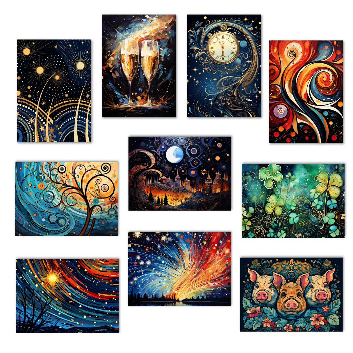 Neujahres Grußkarten Set V2 (10 Karten) | Frohes Neues Jahr Karten | Geschenk | Karte mit Grußbotschaft | Postkarte oder Klappkarte