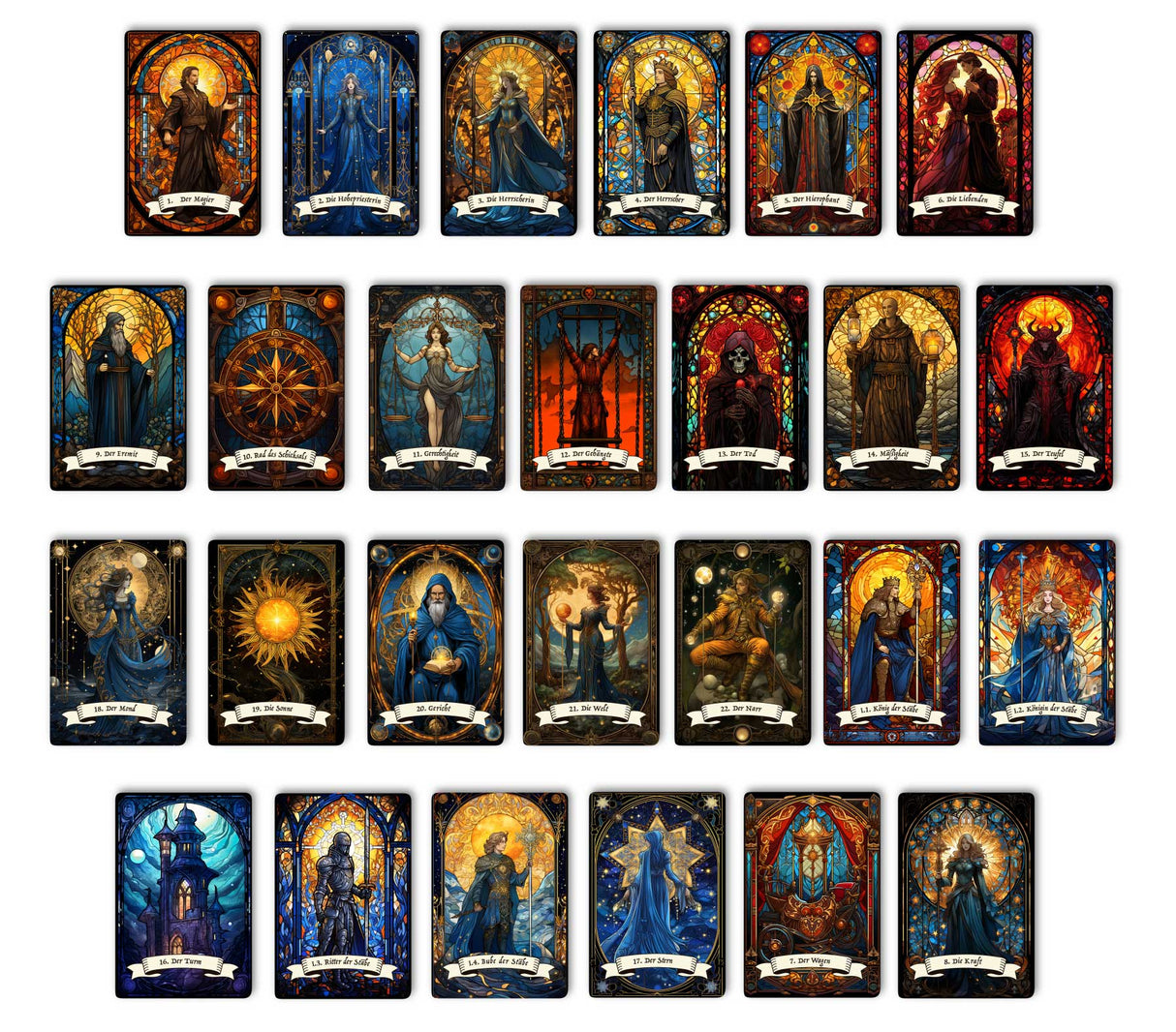Kunstvolle Tarotkarten im Set (78 Karten) | Tarot Deck mit 78 Tarot Karten in drei größen | deutsch und englisch erhältlich | matt farbdruck