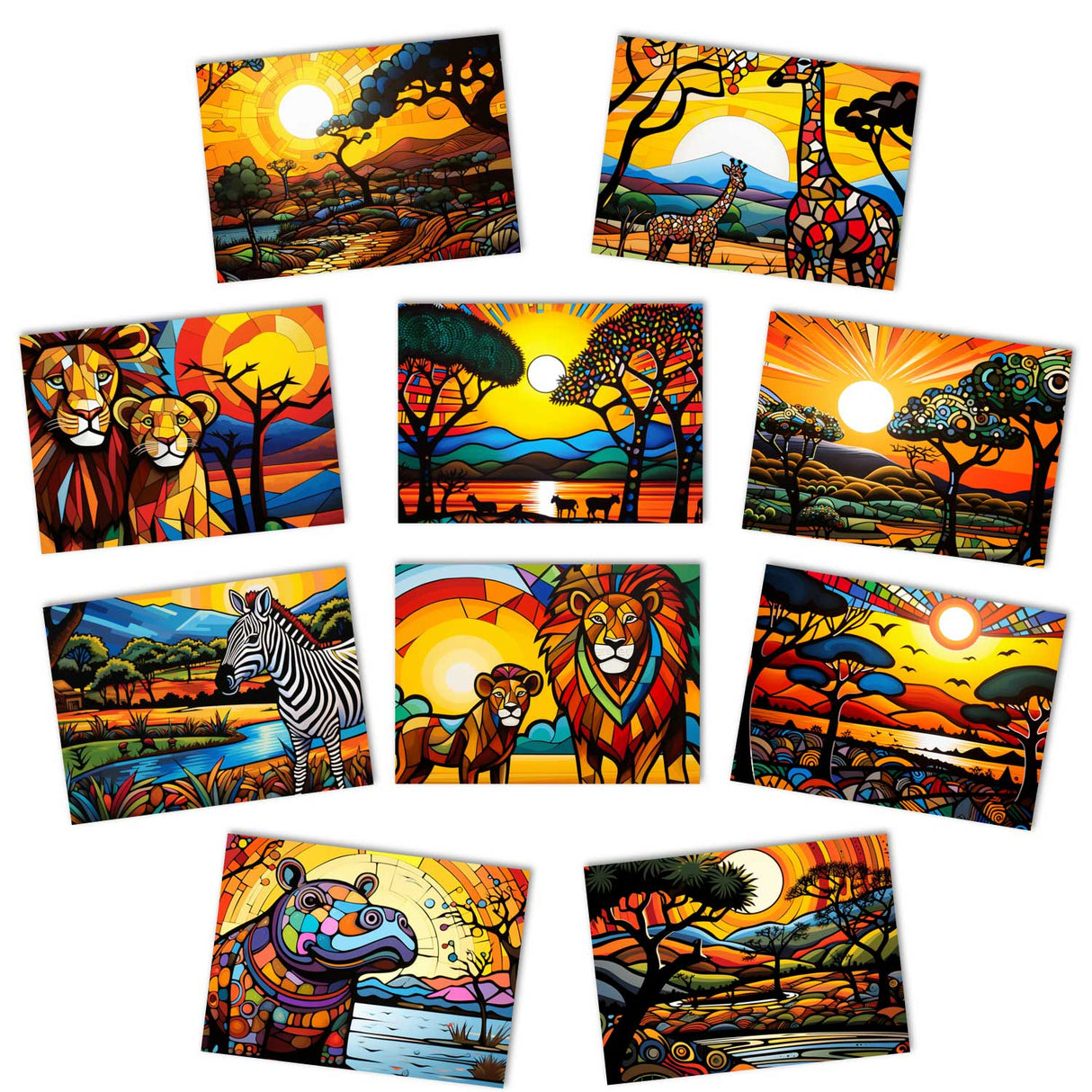 Farbenfrohes Afrika Postkarten A6 Set (10 Cards) Löwen Elefanten Nilpferd Landschaft Wildnis Steppe Wüste I Kunstvolle Afrika Kunst Karten