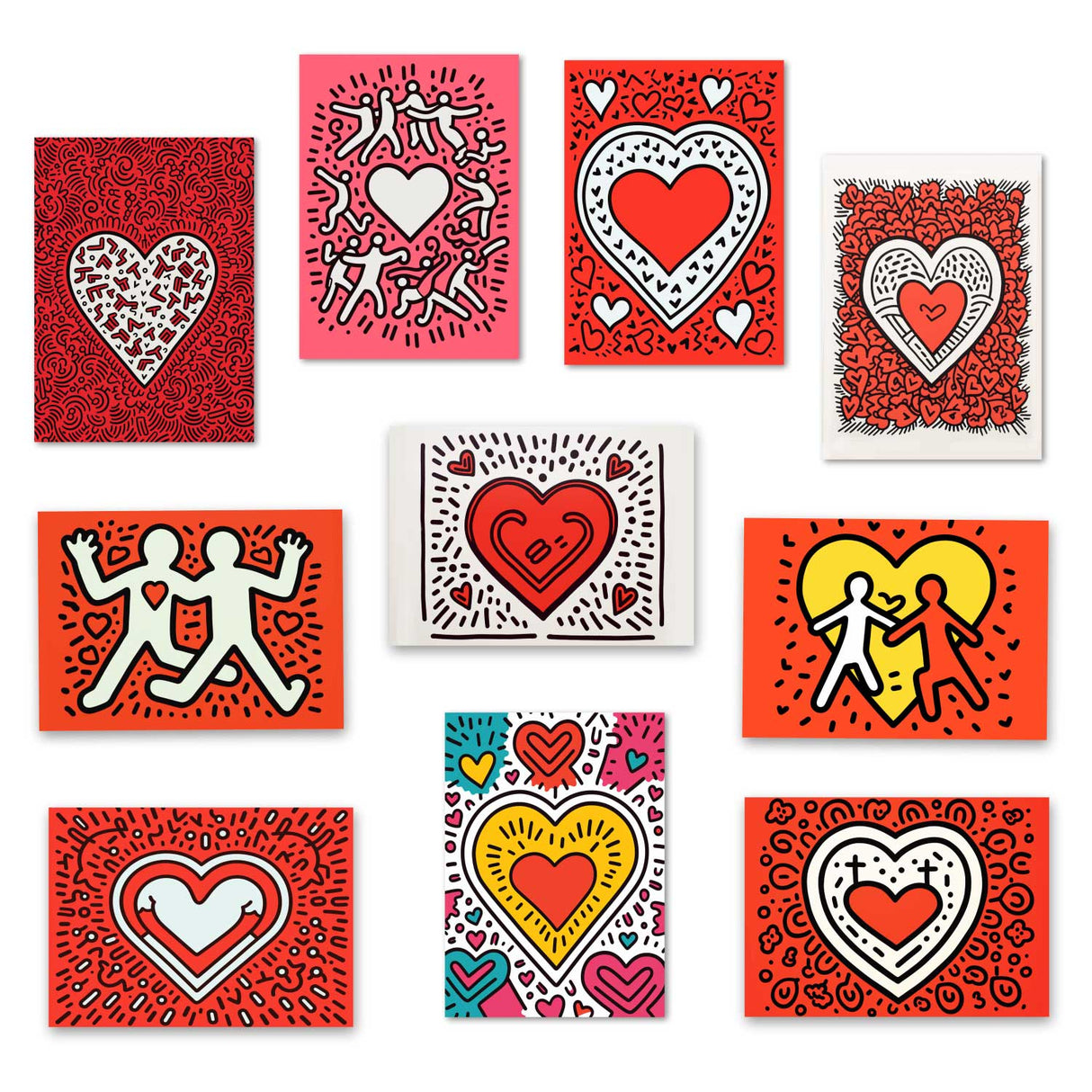 Valentinskarten Liebe Postkarten A6 Set (10 Cards) Keith Haring Style I Karten für Liebesbotschaften