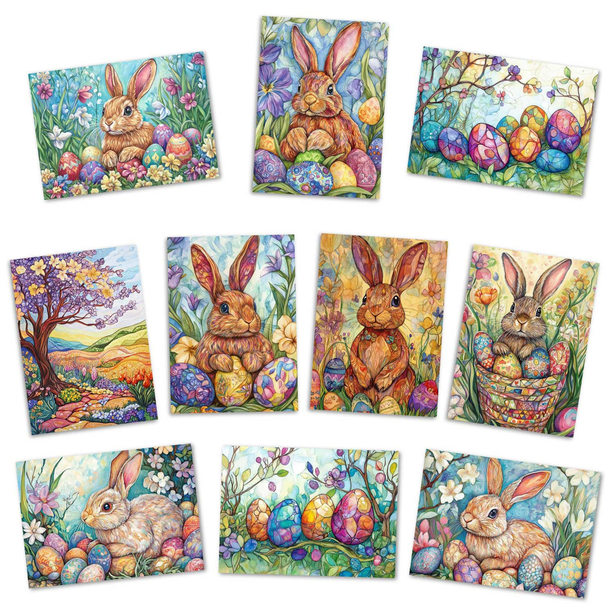 Oster Grußkarten Set (12 Karten) | Osterhasen und Blumen im Aquarell Look | Geschenk | Wanddekoration | Postkarten, Klappkarten Ostermotive