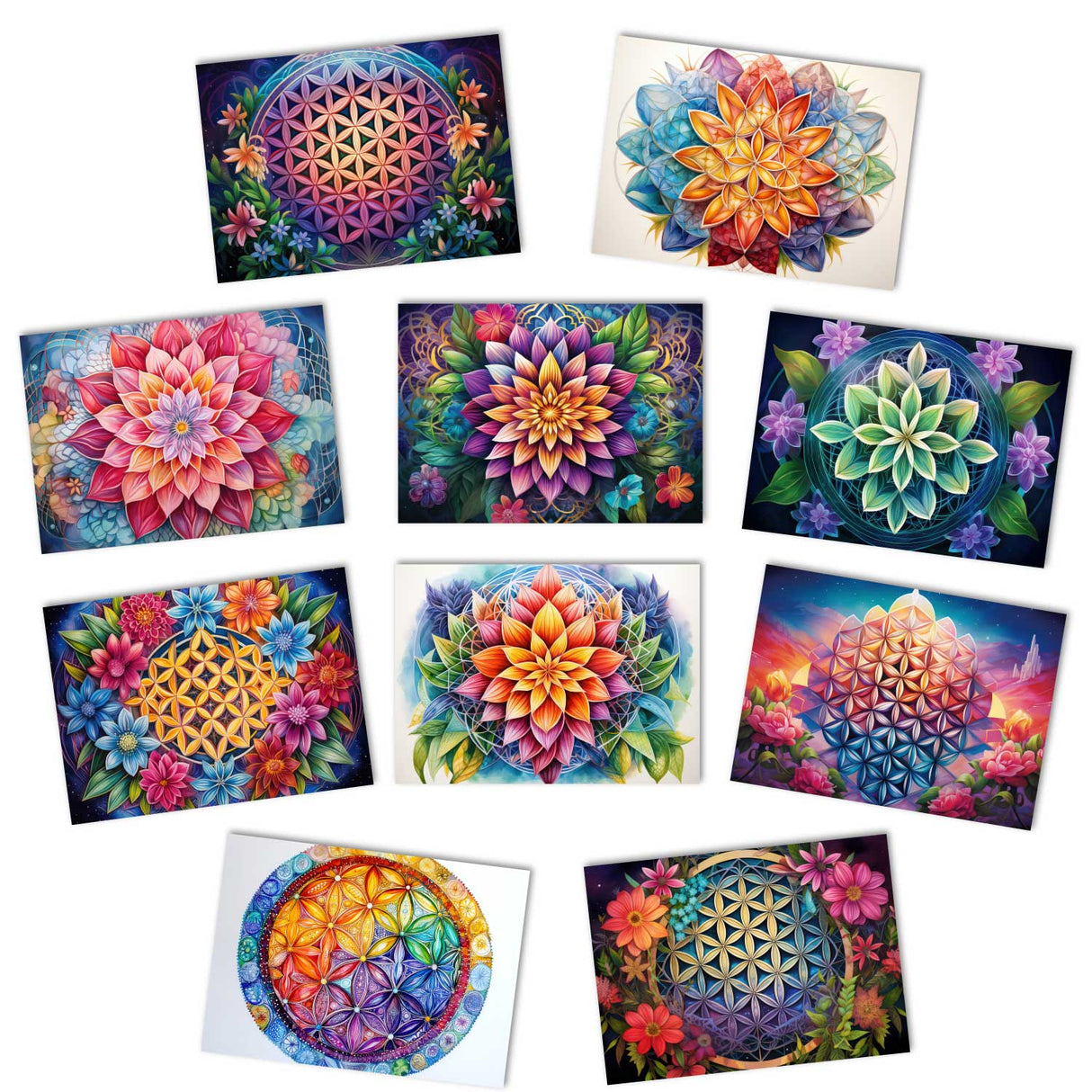 Farbenfrohe Blume des Lebens V3 Karten Set (10 Karten) | Flower of Life | Geschenk | Wanddekoration | Bild Deko Spirituell | Dekoration