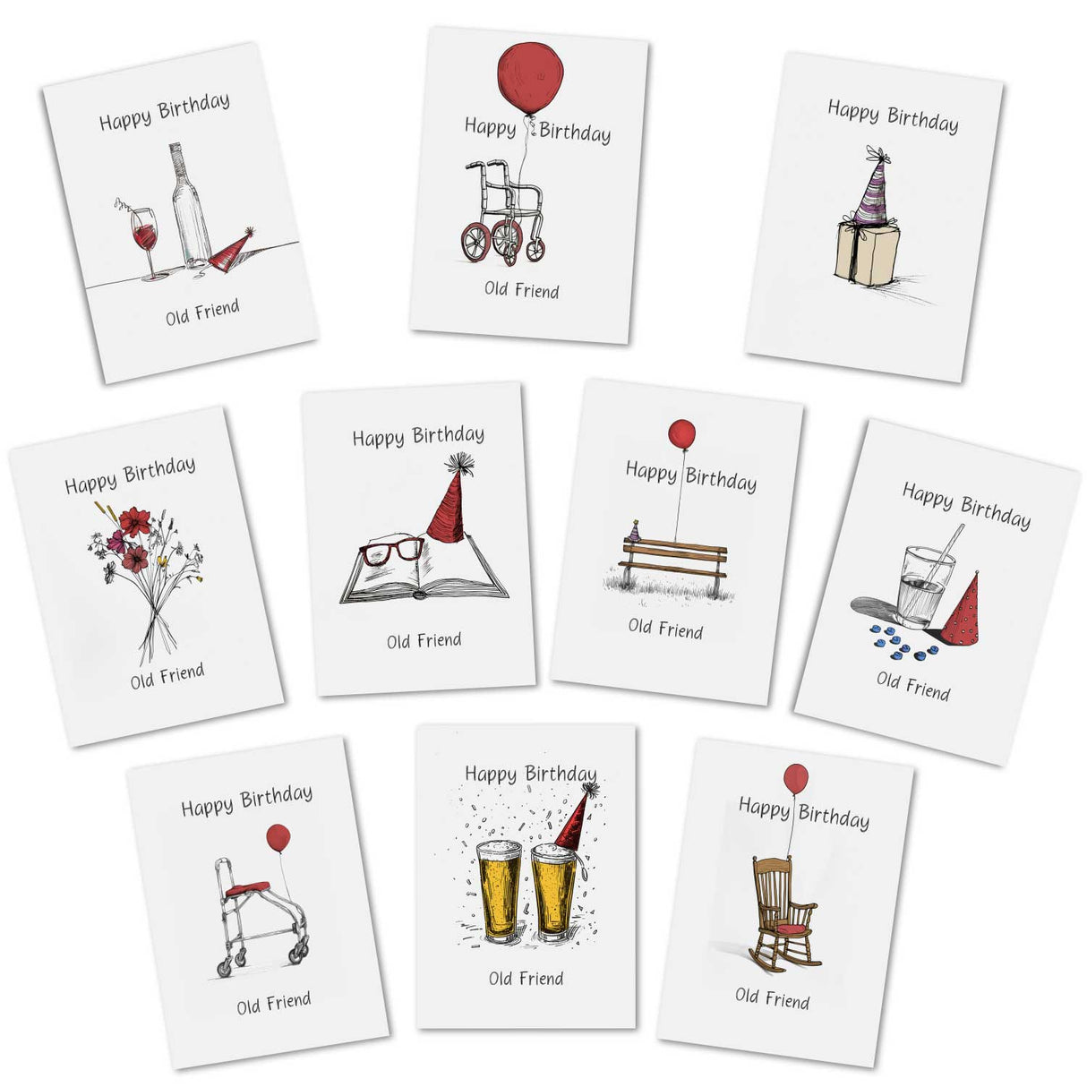 Happy Birthday Old Friend (10 Karten) | Geburtstagskarten für alte Freunde | Geschenk | lustige humorvolle freche Geburtstagskarte Sketch