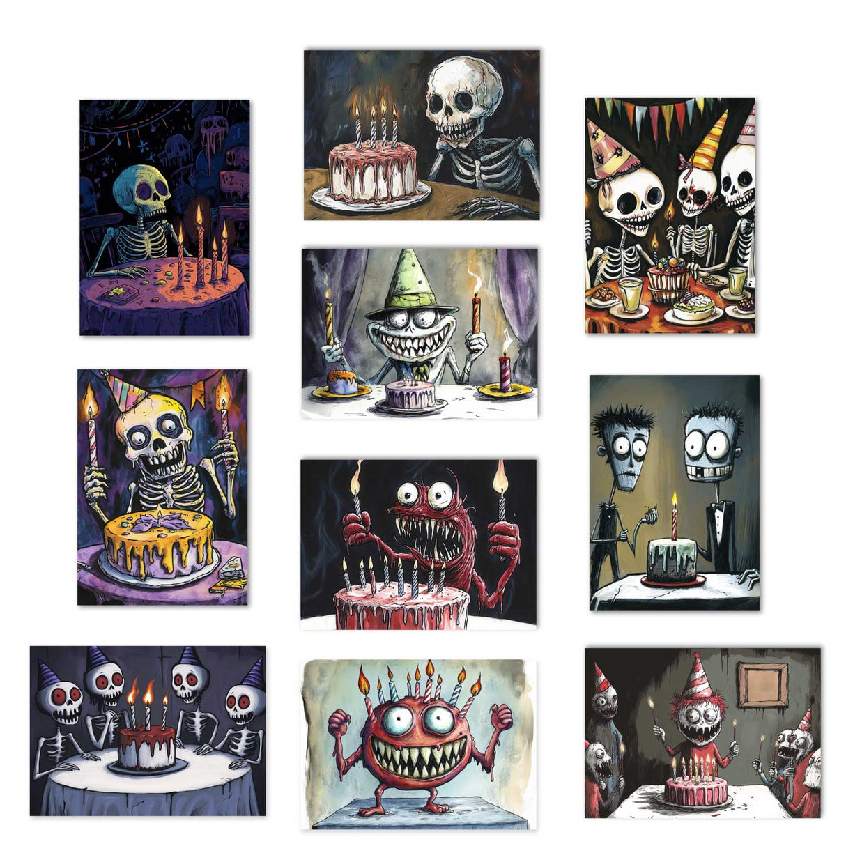 Grusellige Geburtstags Grußkarten Set (10 Karten) | Monster Karten zum Geburtstag | Grußbotschaft im skurillen Tim Burton Style