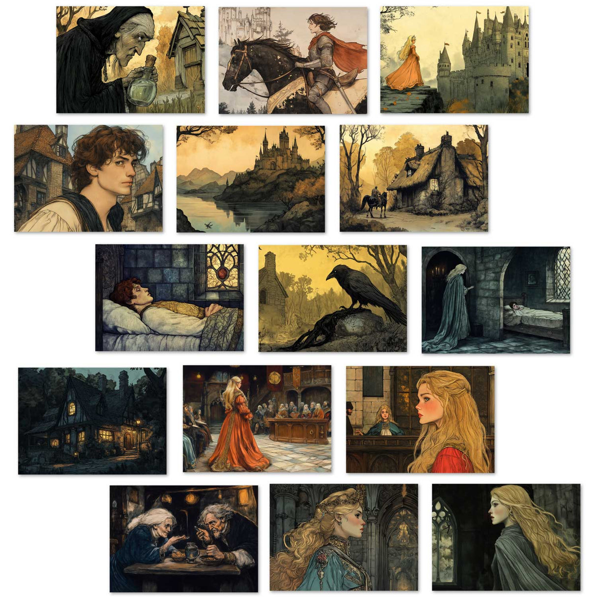 Das Rätsel Karten Set A6 (15 Cards) Illustrierte Märchen Zeichnung I von den Brüdern Grimm im Original