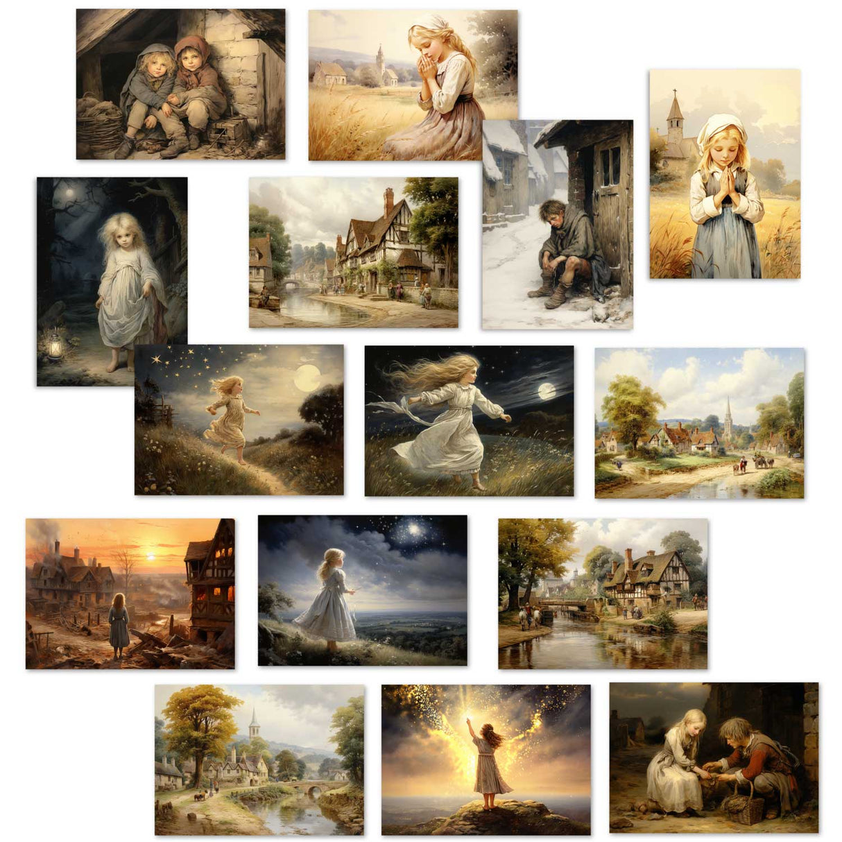 Sterntaler Karten Set A6 (15 Cards) Illustrierte Märchen im Biedermeier Stil I von den Brüdern Gimm im Original als kunstvolles Set