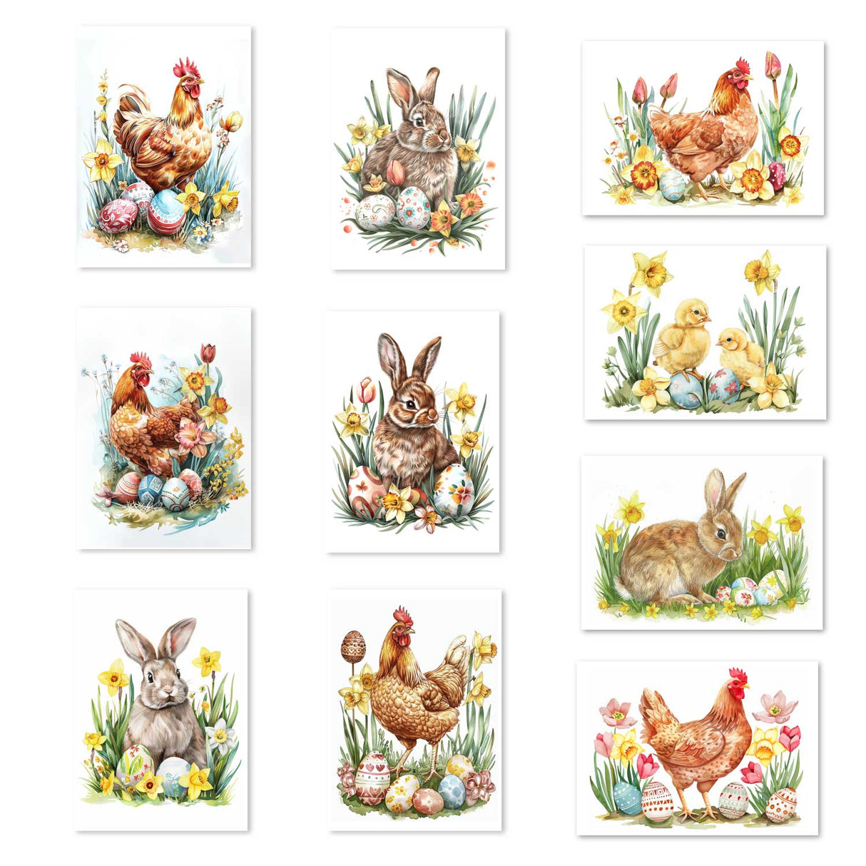 Easter Greeting Cards Set (10 Cards) | Easter bunnies, chicks, tulips and flowers | poison | wall decoration | Postcards, folding cards set V2