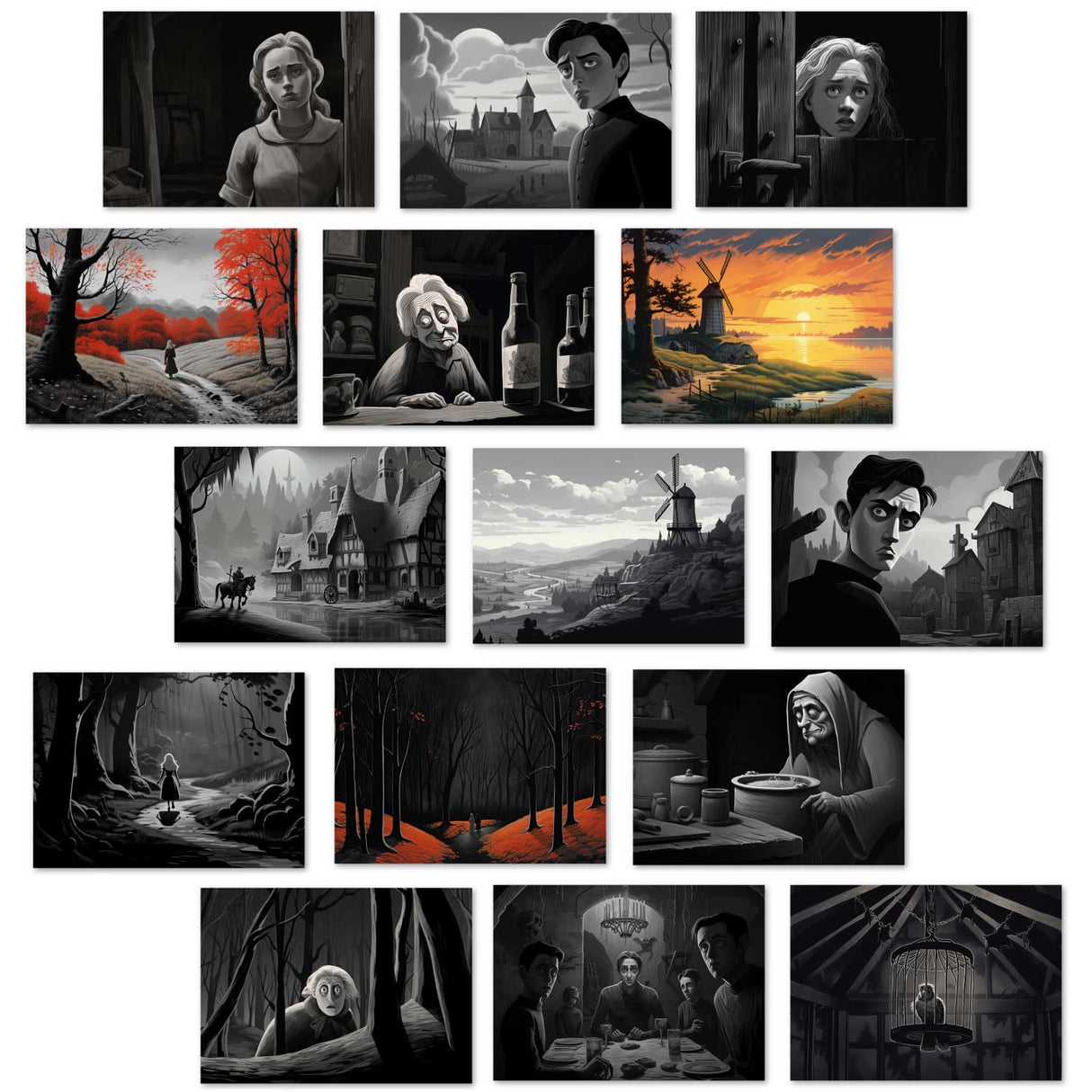 Der Räuberbräutigam Set A6 (15 Cards) Halloween Horror Märchen Film Noir Look I grusselige Horror Karten zum Märchen als kunstvolles Set