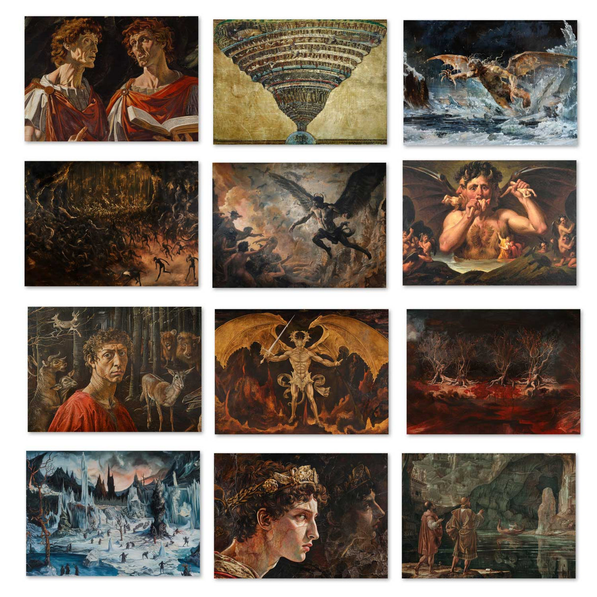 Dantes Inferno Kunstkarten Set (12 Karten) | Kunstvolle Karten | Geschenk | Unterwelt Hölle | Postkarte oder als Klappkarte