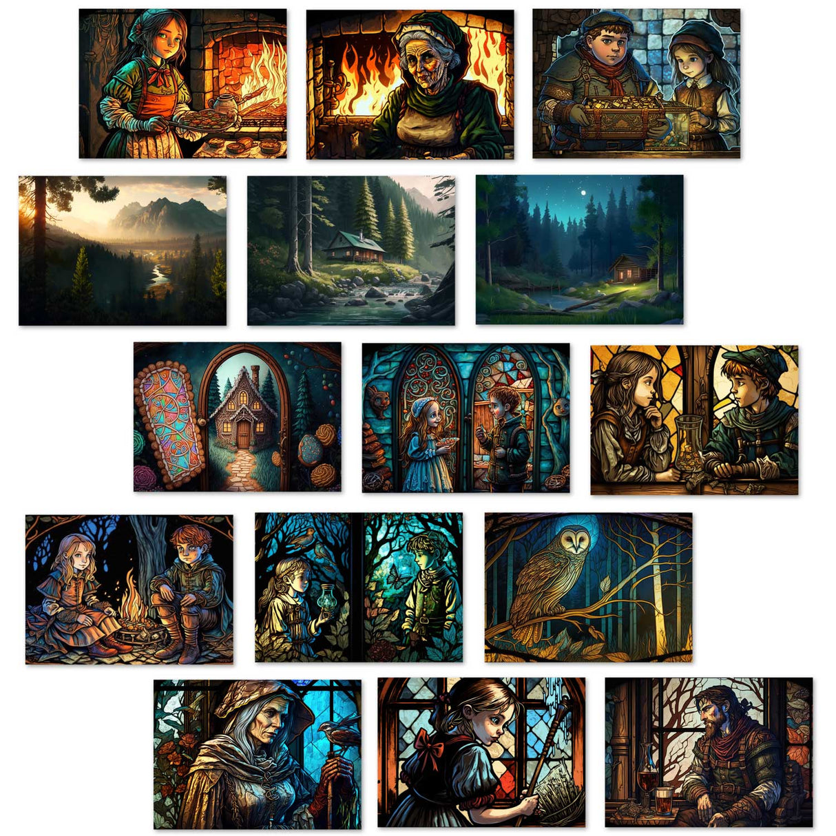 Hänsel und Gretel Karten Set A6 (15 Cards) Illustrierte Märchen Stained Glass I von den Gebrüdern Grimm im Original als kunstvolles Set