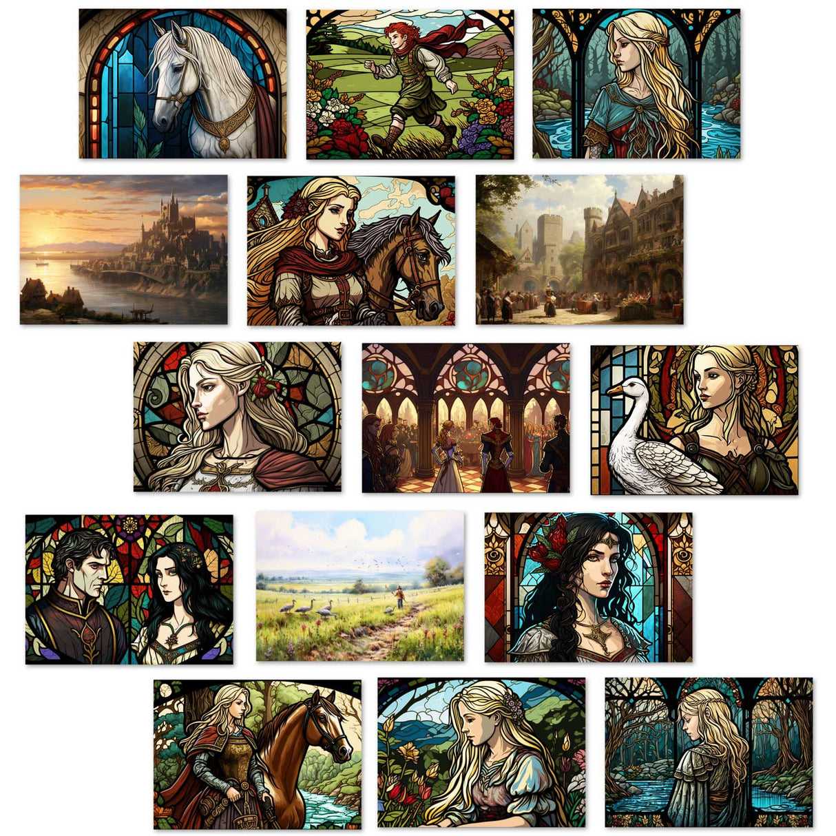 Die Gänsemagd Set A6 (15 Cards) Illustrierte Märchen Stained Glass I von den Gebrüdern Grimm im Original als kunstvolles Set