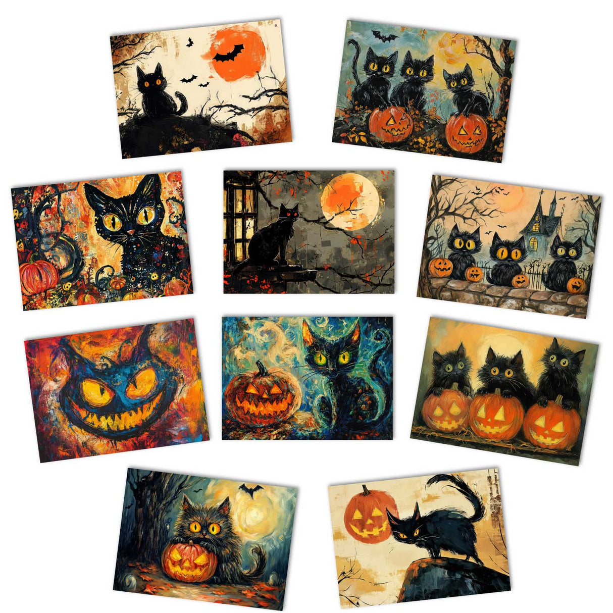 Halloween Katzen Karten Set – 10 kunstvolle Grußkarten A6 | Spooky Postkarten Klappkarten | Gothic Geschenkidee Katzen Halloween lustig