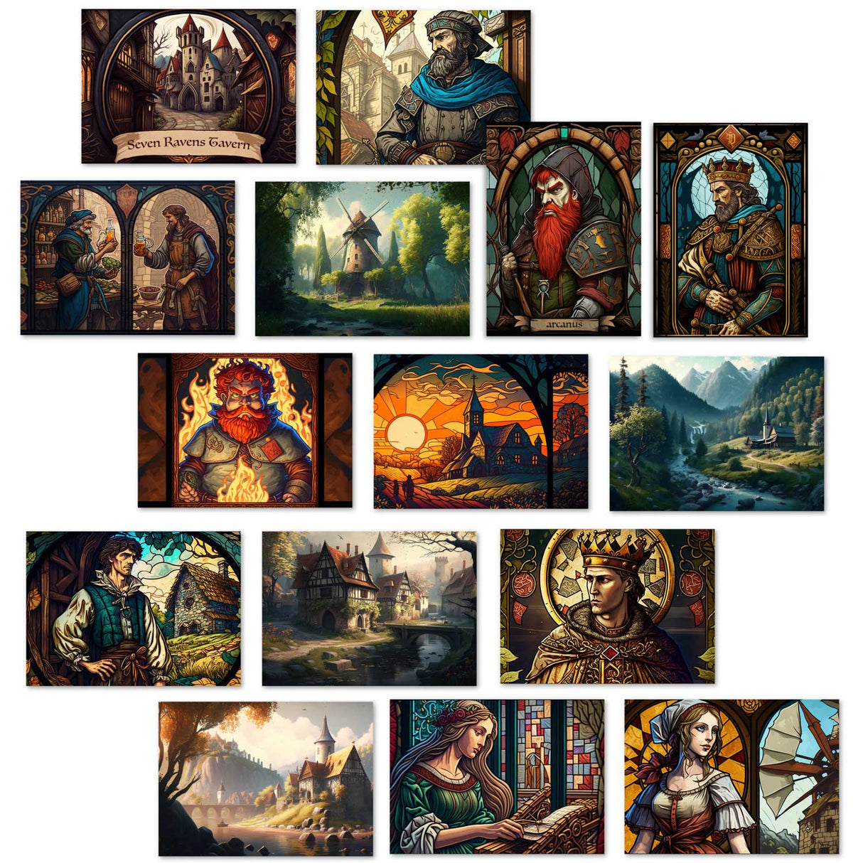 Rumpelstilzchen Karten Set A6 (15 Cards) Illustrierte Märchen Stained Glass I von den Gebrüdern Grimm im Original als kunstvolles Set