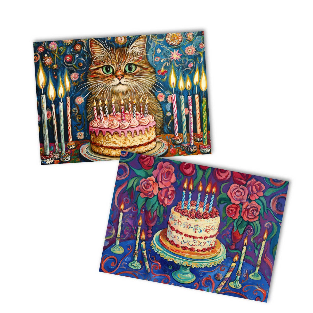 Geburtstagskarten Set mit Kuchen und Katzen – 12 bunte Grußkarten im A6 Format