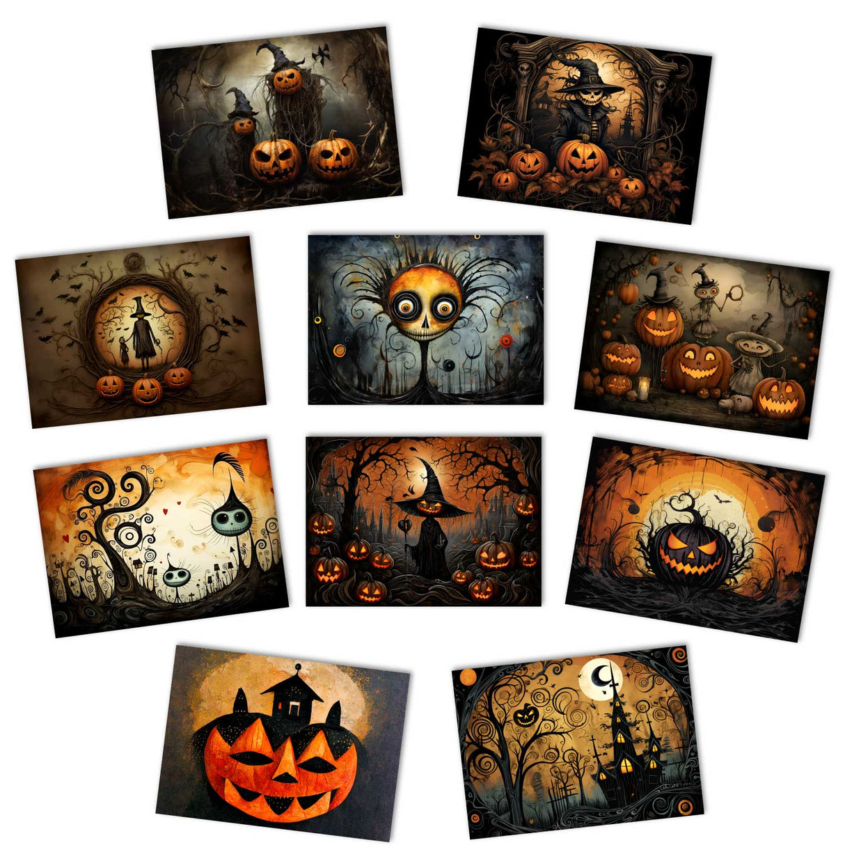 Halloween Grußkarten Set V2 (10 Karten) | Kunstvolle Halloween Karten