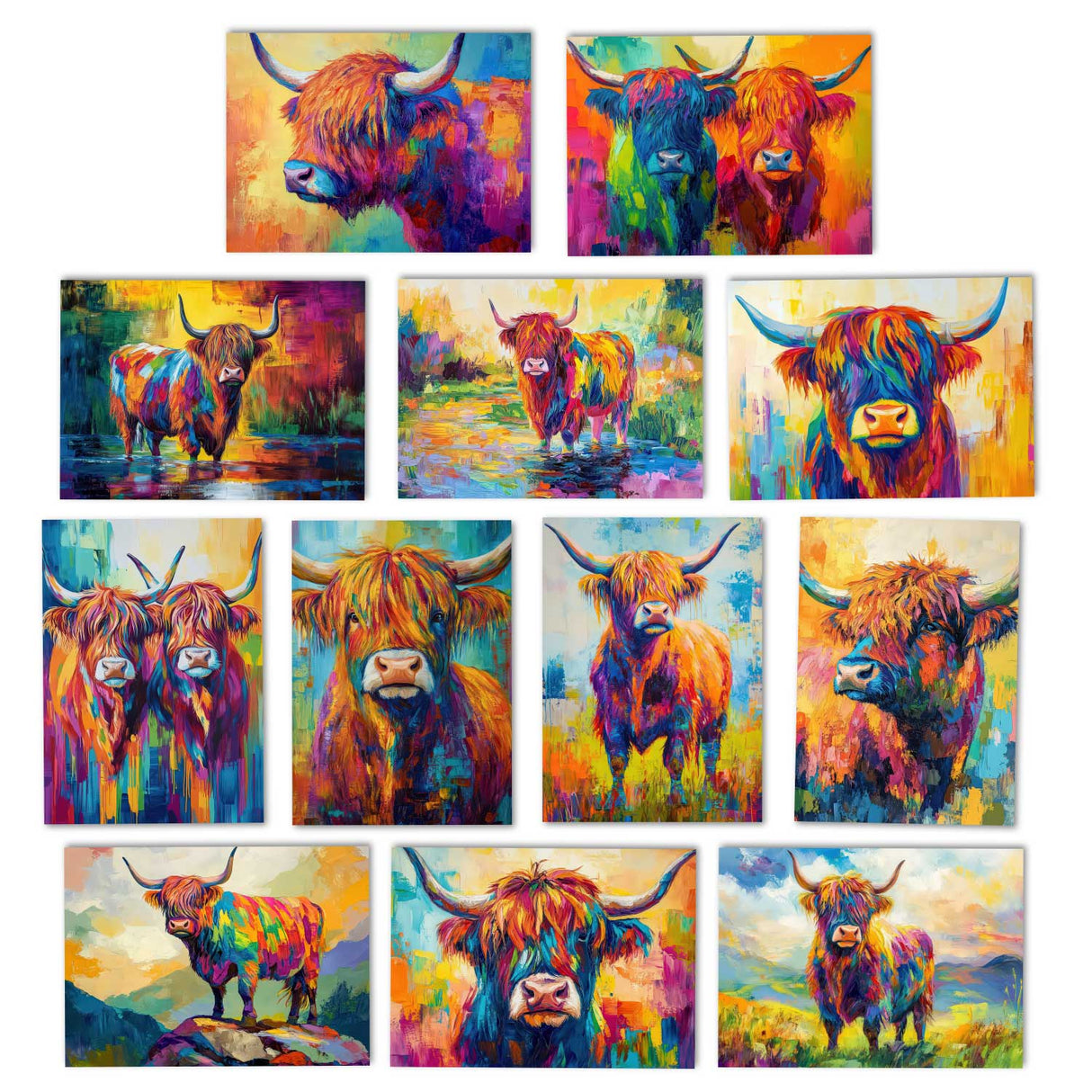 Hochland Kühe Postkarten A6 Set (12 Cards) I Grußkarten und Geburtstagskarten I Farbenfrohe Highland Cattle Cows Coo