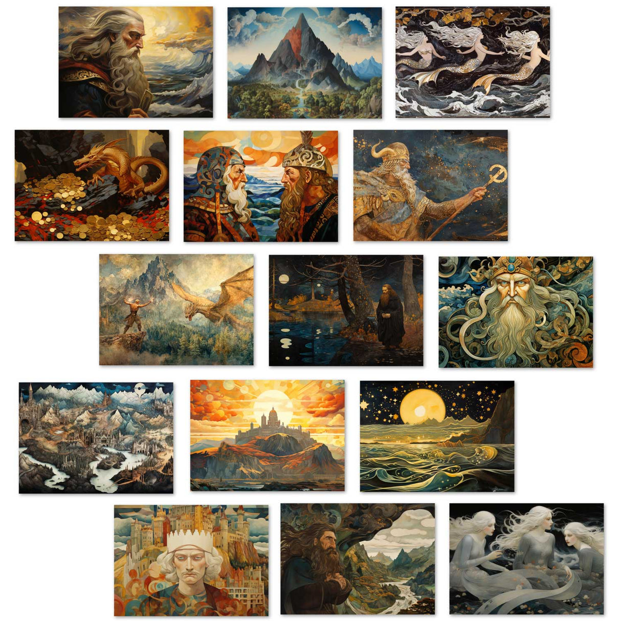 Das Rheingold - Der Ring der Nibelungen Karten Set A6 (15 Cards) klassisch Illustrierte Legende I Rheingold I kunstvolles Set