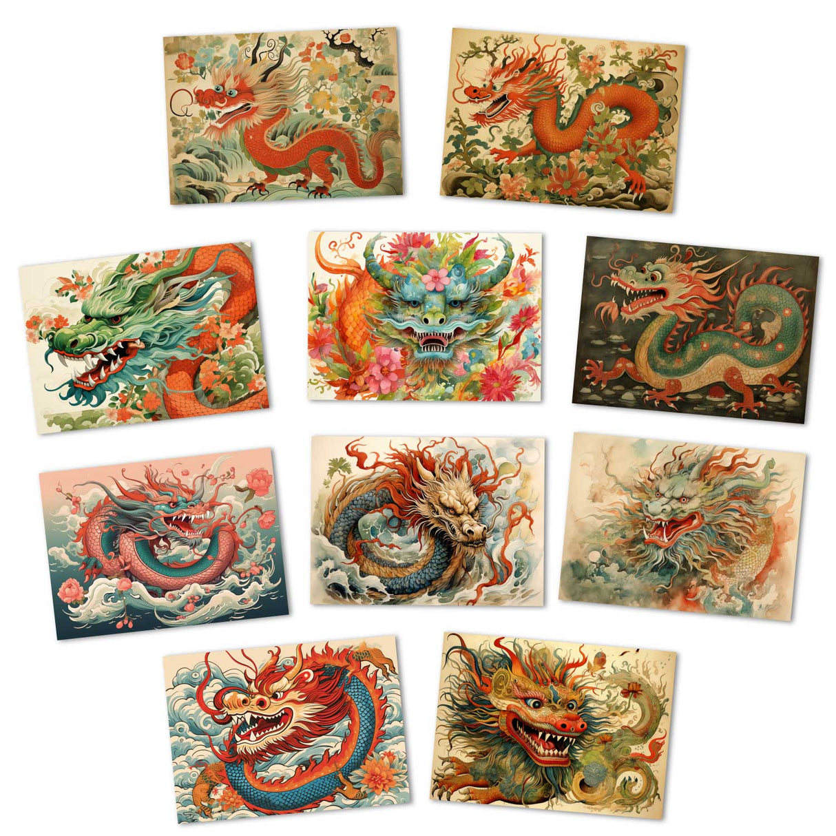 Jahr des Drachen Postkarten A6 Set (10 Cards) Drachen Jahr chinesische Sternzeichen asiatische Kultur I Kunstvolle Drachen Karten