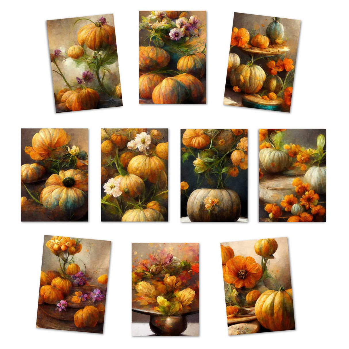 Postkarten A6 Set (10 Cards) Vintage Herbstblumen Kürbisse I digital Painting I Neutrale Grußkarten mit herbstlichen Aquarellmalerei