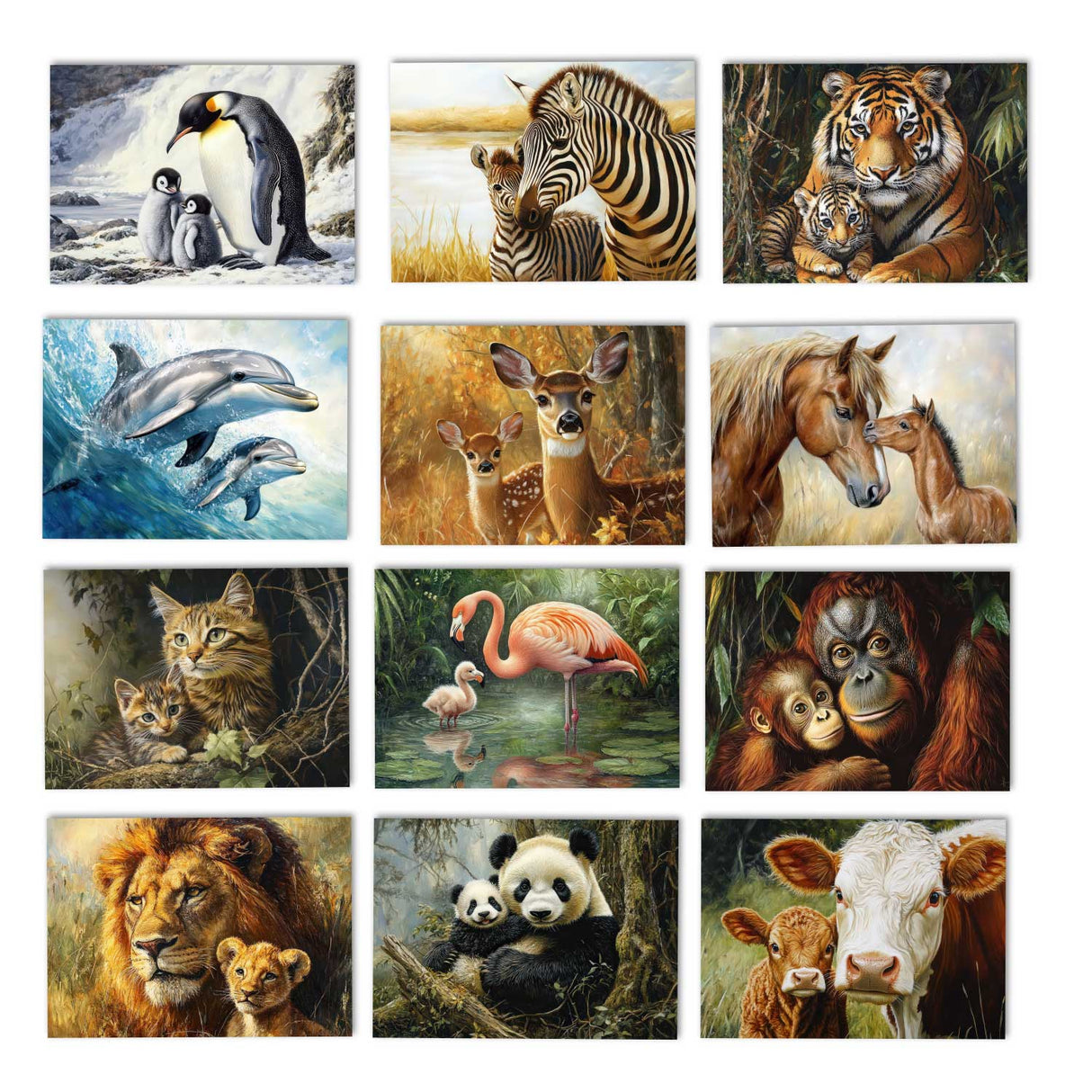 Tiere Safari mit Tierbaby Postkarten A6 Set (12 Cards) I Grußkarten und Geburtstagskarten I Pinguin Löwe Tiger Panda Pferd Affe Kuh Katze