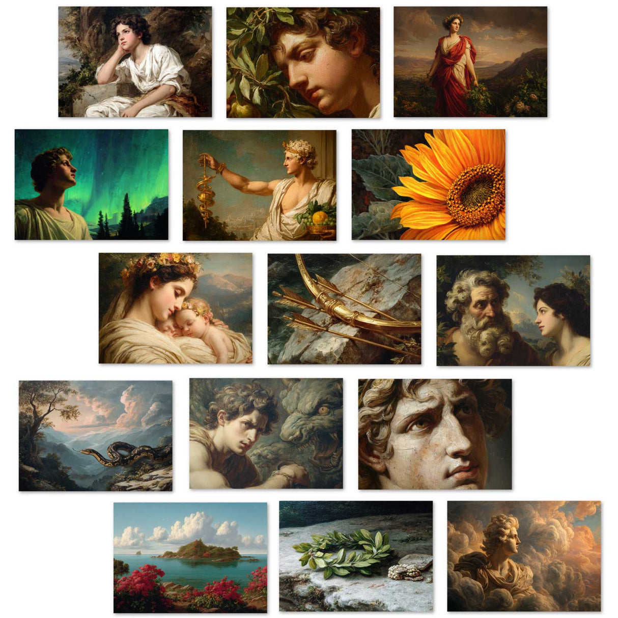Apollon Postkarten Set – 16 mythische Kunstkarten inspiriert von der griechischen Mythologie – Wahlweise Post- oder Klappkarten, A6