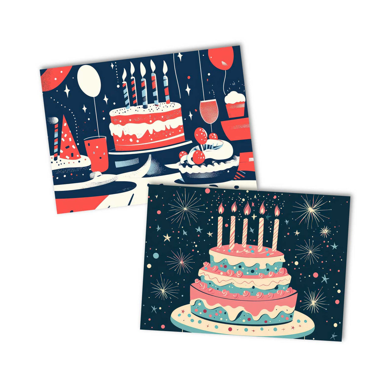 Retro Geburtstagskarten Set – 12 moderne Designs mit Torten Party-Design – Klappkarten oder Postkarten im Mid-Century Look