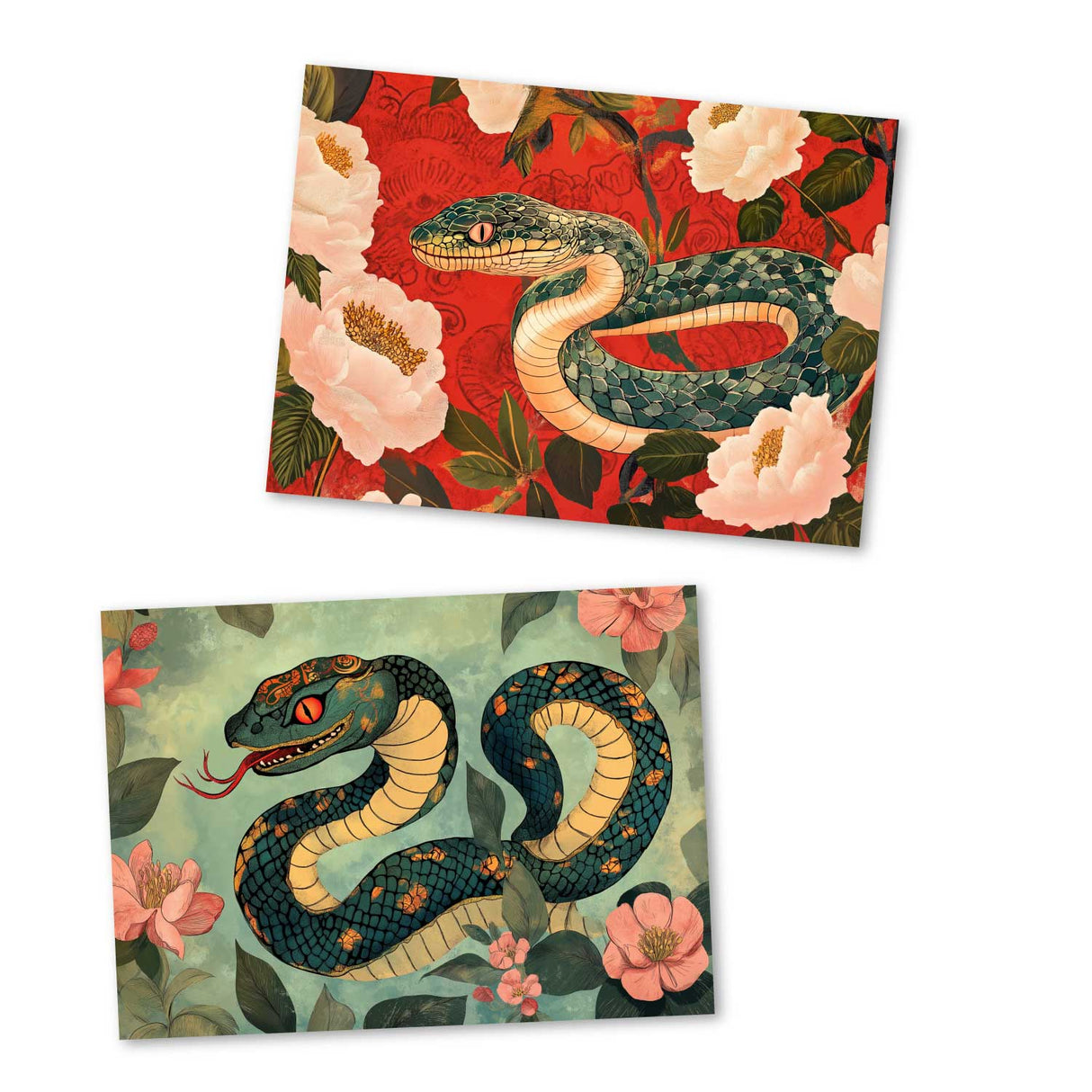 Jahr der Schlange 2025 Postkarten A6 Set (10 Cards) Schlangen Jahr chinesische Sternzeichen asiatische Kultur I Kunstvolle Schlangen Karten