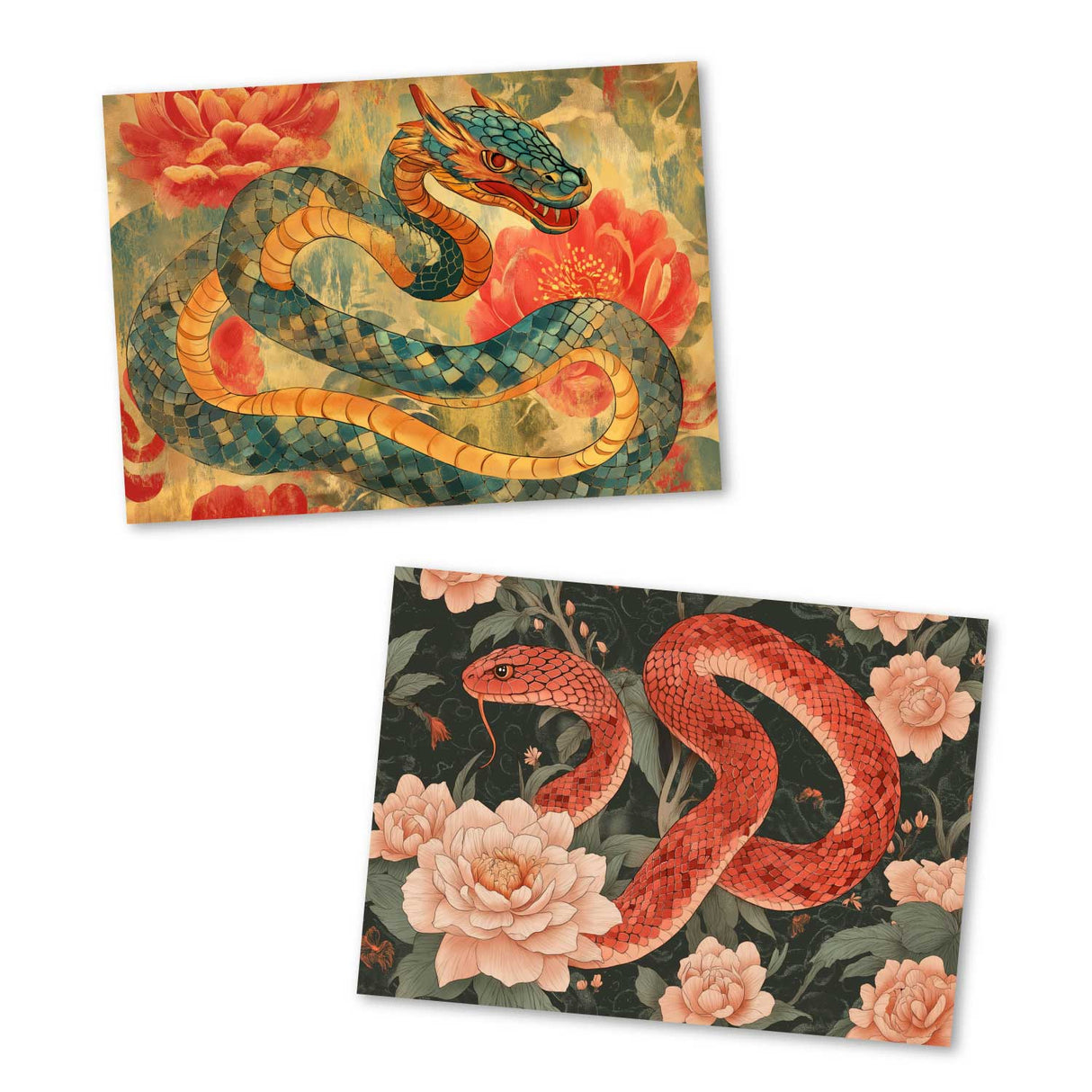 Jahr der Schlange 2025 Postkarten A6 Set (10 Cards) Schlangen Jahr chinesische Sternzeichen asiatische Kultur I Kunstvolle Schlangen Karten