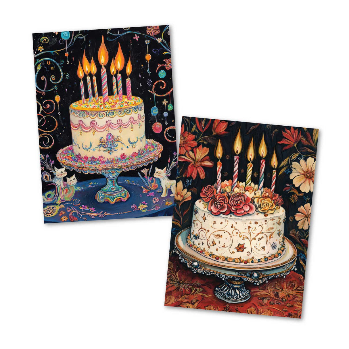 Geburtstagskarten Set mit Kuchen und Katzen – 12 bunte Grußkarten im A6 Format